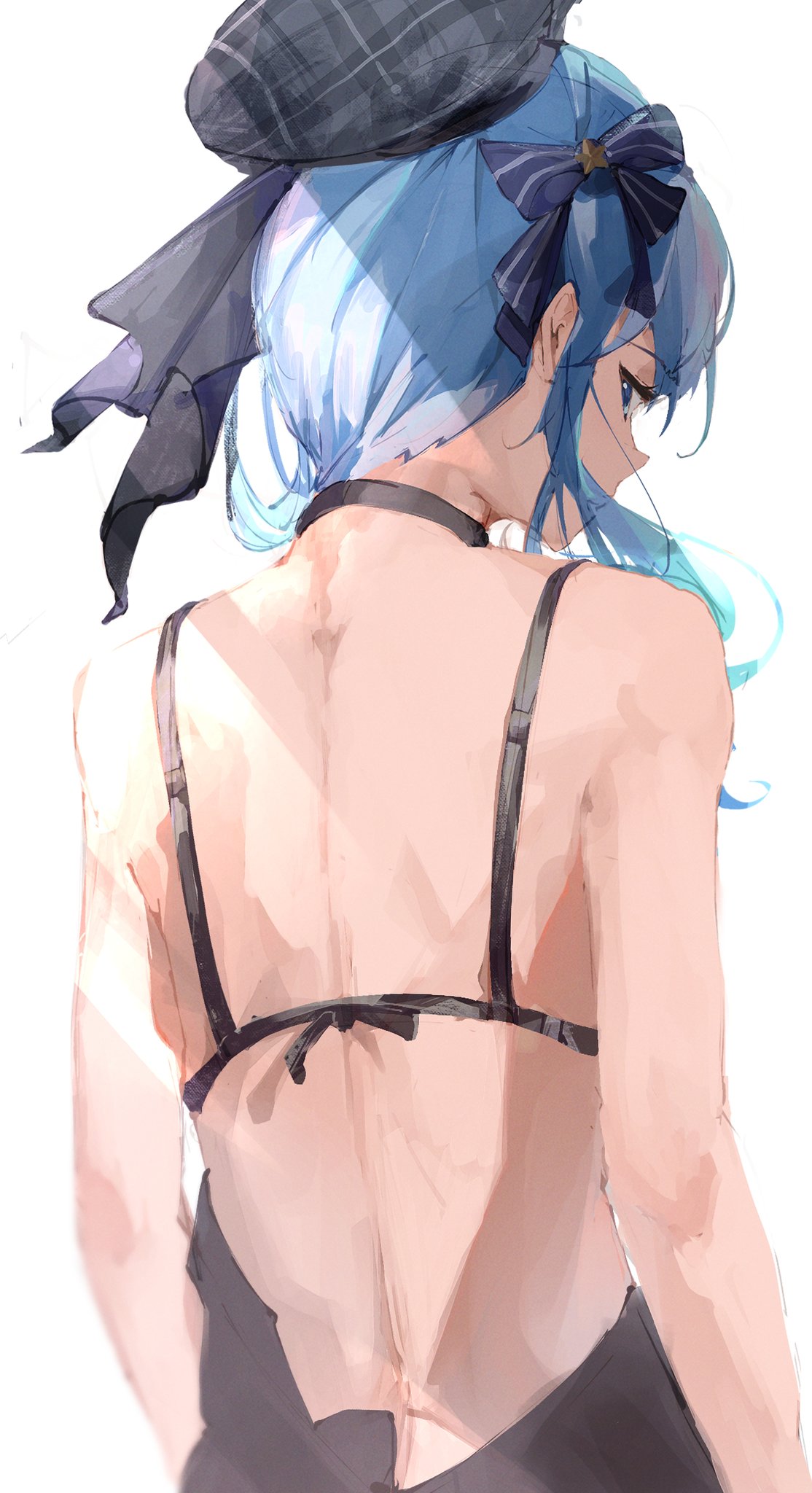 back view, blue hair, female, hat, hololive, hololive gen 0, hololive japan, hoshimachi suisei, looking back, swimsuit, virgo/ホロライブイラスト100枚実行中, virtual youtuber