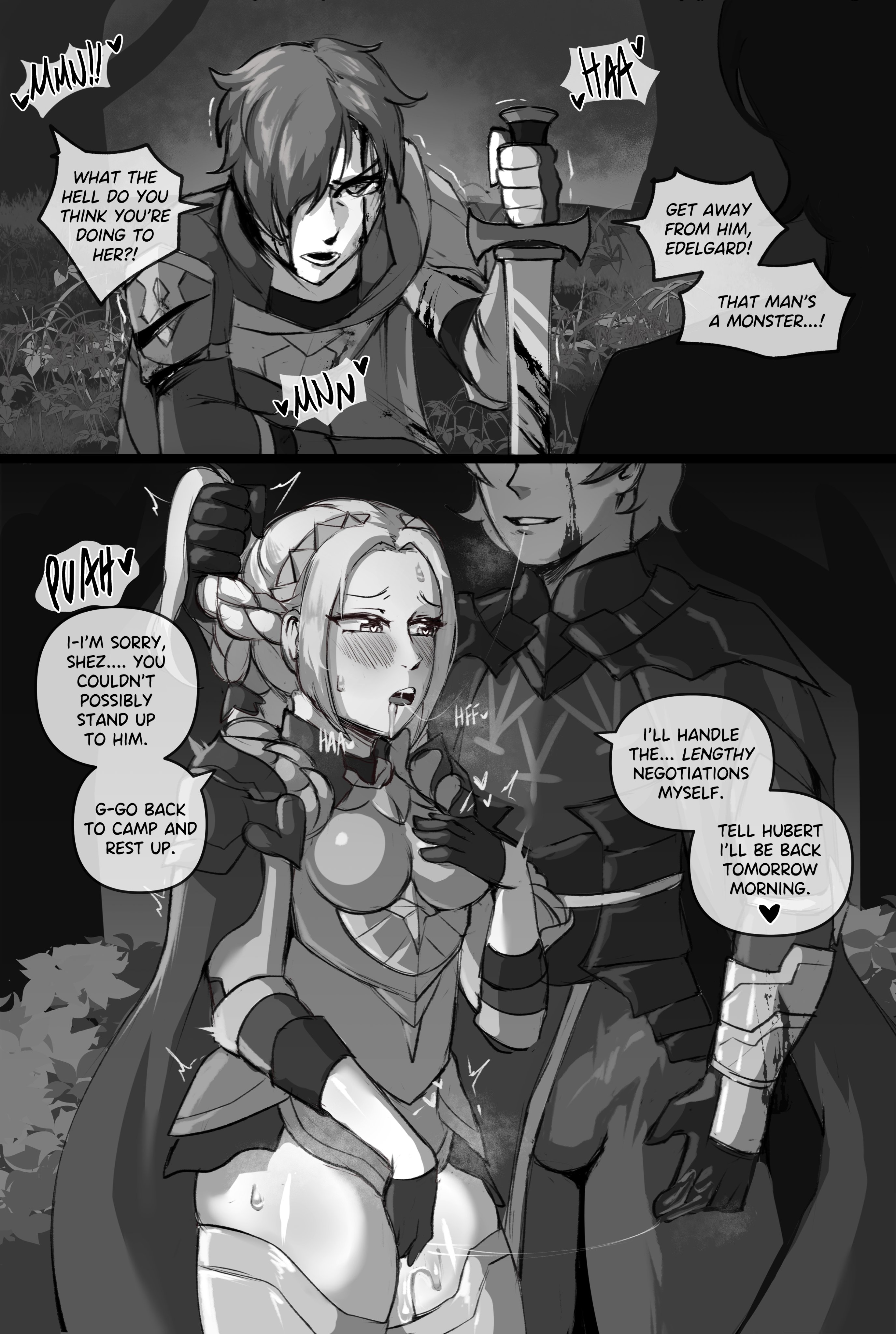 1girls, 2022, 2boys, after kiss, alternate costume, alternate hairstyle, armor, black and white, blood, blood on face, blush, blushing, breasts, byleth (fire emblem), byleth (fire emblem) (male), clothed erection, comic page, cuckold, defeated, dialogue, edelgard von hresvelg, english text, erection, erection under clothes, erection under clothing, eyes out of frame, female, fingering, fingering partner, fingering self, fire emblem, fire emblem warriors: three hopes, fire emblem: three houses, grabbing own breast, groping own breast, groping self, hair grab, hair over one eye, head grab, imminent sex, injured, injury, kiss, kissing, large breasts, male, masturbation, monochrome, netorare, nintendo, ntr, official alternate costume, official alternate hairstyle, ponytail, ponytail hold, pussy, pussy juice, pussy juice drip, pussy juice on fingers, saliva, saliva string, saliva trail, self fondle, shez (fire emblem), shez (fire emblem) (male), small breasts, speech bubble, sword, text, touching own pussy, weapon, wet pussy, wingedwasabi