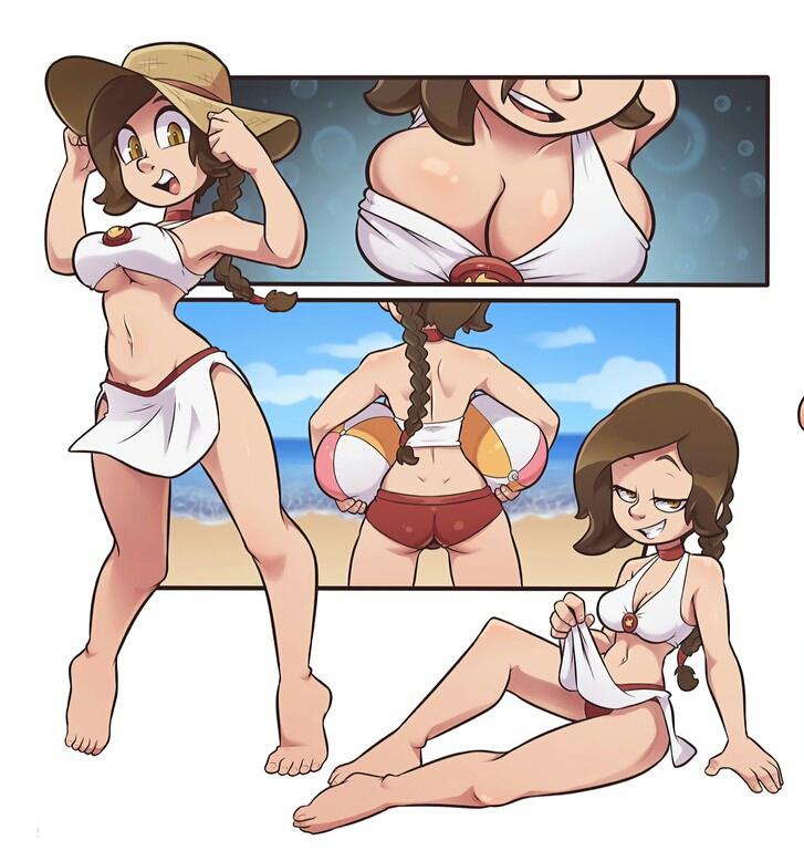 1girls, ass, avatar the last airbender, ball (object), bare legs, barefoot, beach, beachball, bikini, braid, breasts, brown eyes, brown hair, cleavage, clothing, comic, day, feet, female, full body, grin, half-closed eyes, high resolution, legs, looking at viewer, medium breasts, naughty face, nickelodeon, ocean, open mouth, outdoors, sarong, simple background, smile, solo, standing, swimsuit, the other half, tied hair, tiptoes, ty lee, upper teeth, white background