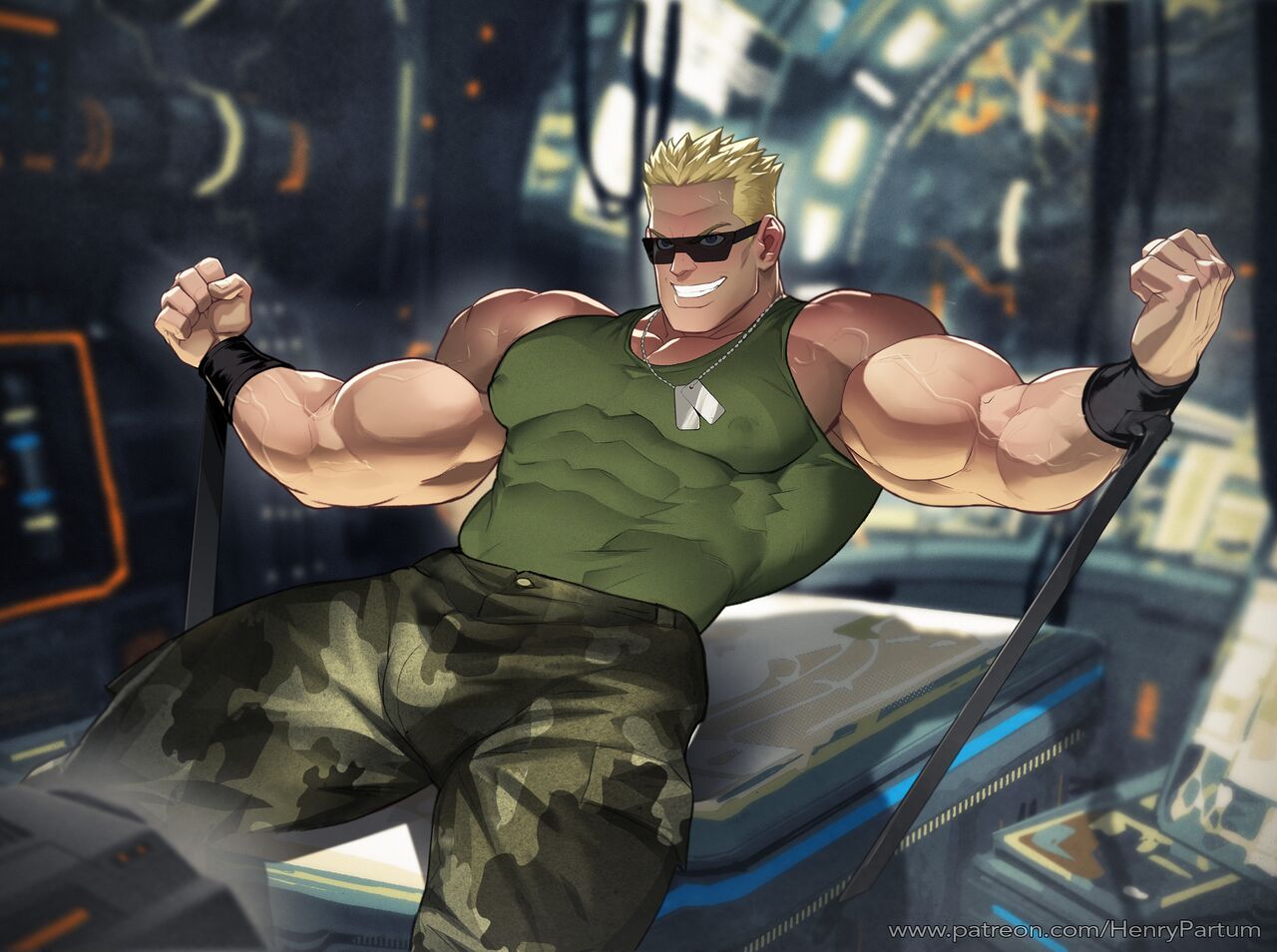 1boy, abs, blonde hair, bondage, grin, lt surge, luxuris, male, male only, muscular, pokemon, smile, solo male, sunglasses, tagme, tanktop, tinted eyewear