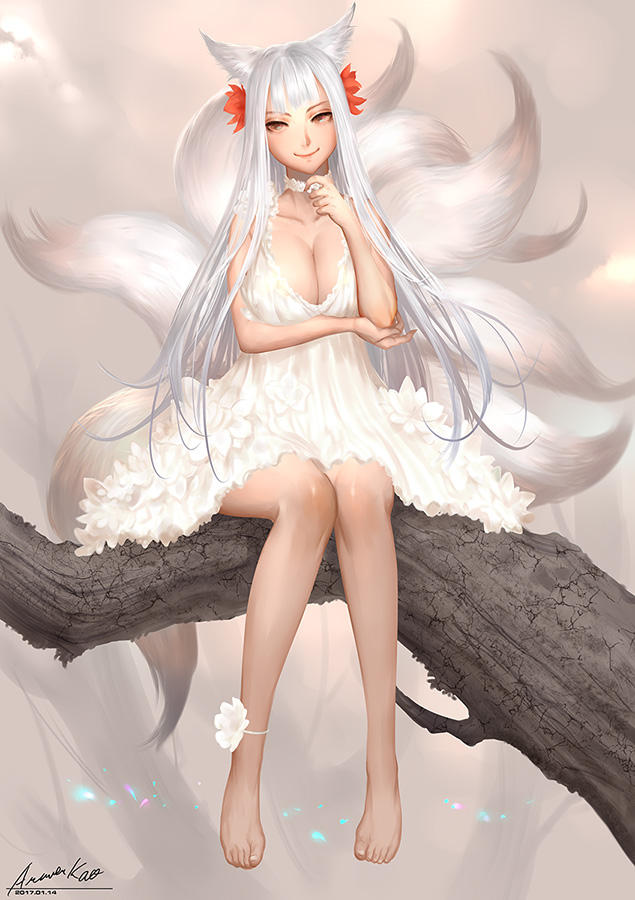 1girls animal_ears ariverkao breasts female female_focus female_only fox fox_ears patreon patreon_username silver_hair tagme white_hair