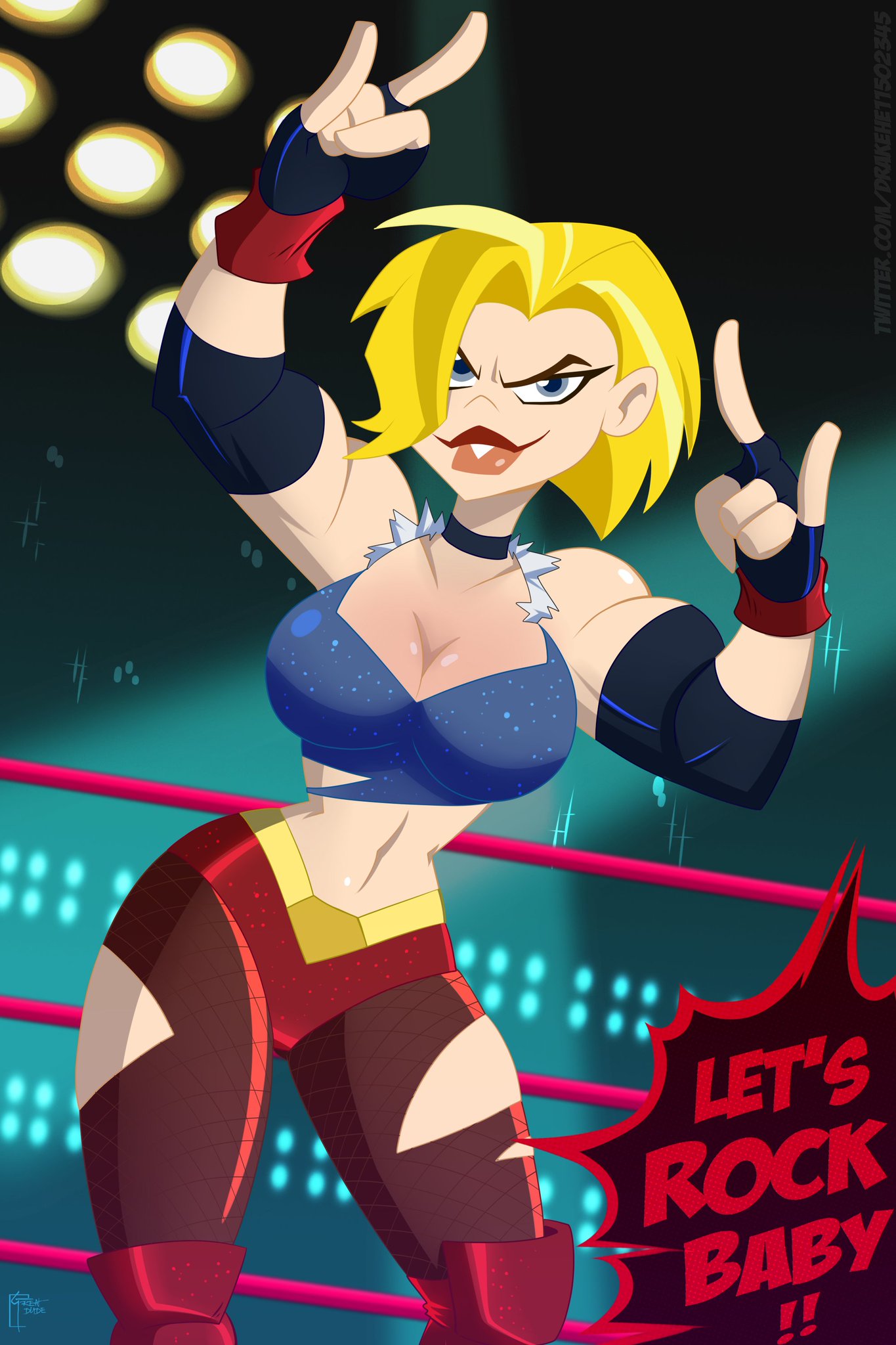 1girls big_breasts blue_eyes clothing dc dc_comics dc_super_hero_girls drake_hernandez female female_only great_dude kara_danvers kara_zor-el medium_hair muscular_female smile solo solo_female supergirl tagme teeth text thunder_thighs wrestler wrestling_outfit wrestling_ring