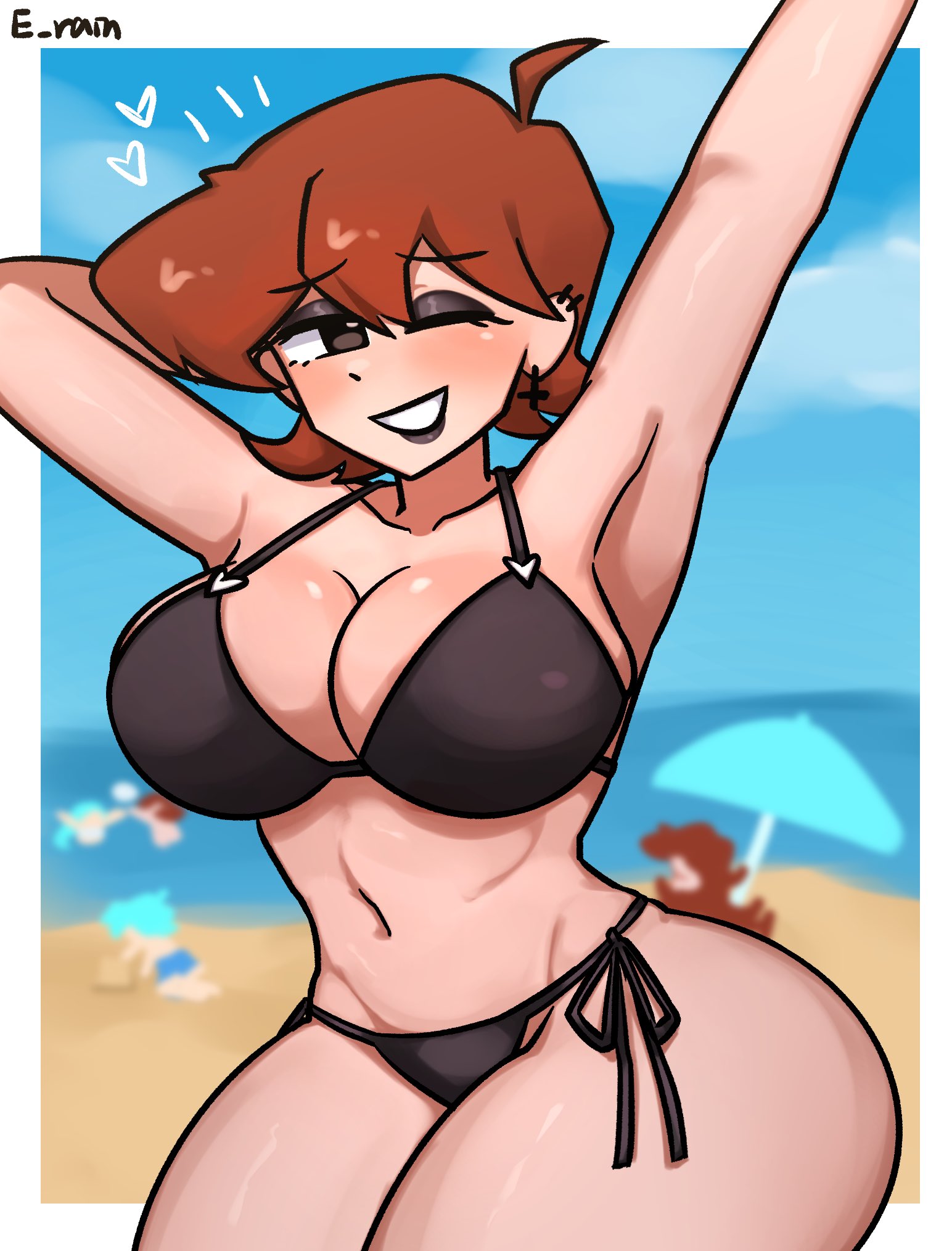 1girls, arms up, artist name, background, background character, beach, big breasts, black lipstick, blush, bra, breasts, closed eye, earrings, erainnn, female, female only, friday night funkin, girlfriend (friday night funkin), goth girl, heart, looking at viewer, panties, short hair, thick thighs