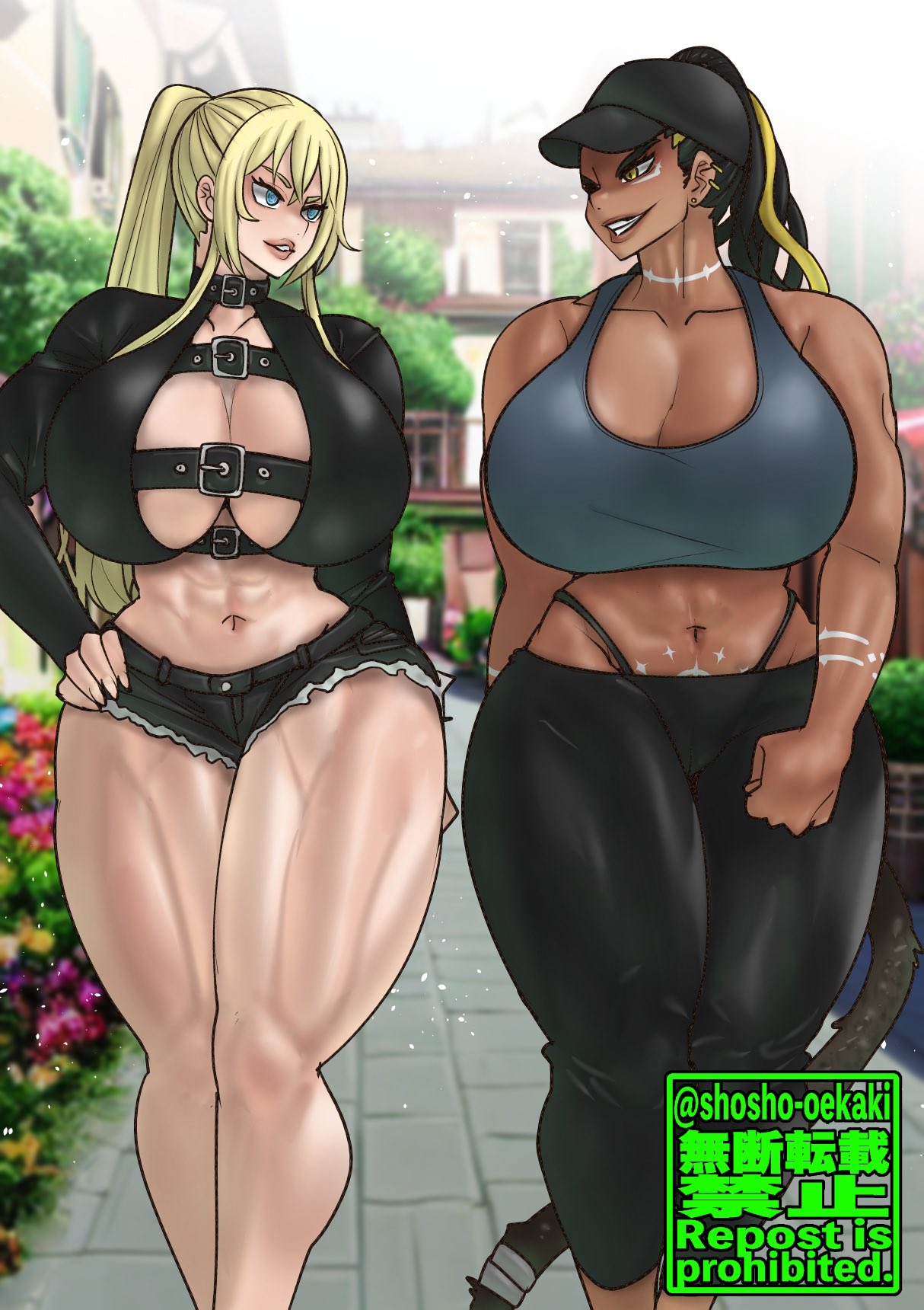 baseball cap, body markings, breasts, cleavage, cleavage cutout, duo, female, hand on hip, huge breasts, large breasts, long ponytail, minishorts, original, original character, original characters, outdoors, outside, shosho oekaki, tail, tank top, thick thighs, thong above pants, thong straps, thunder thighs