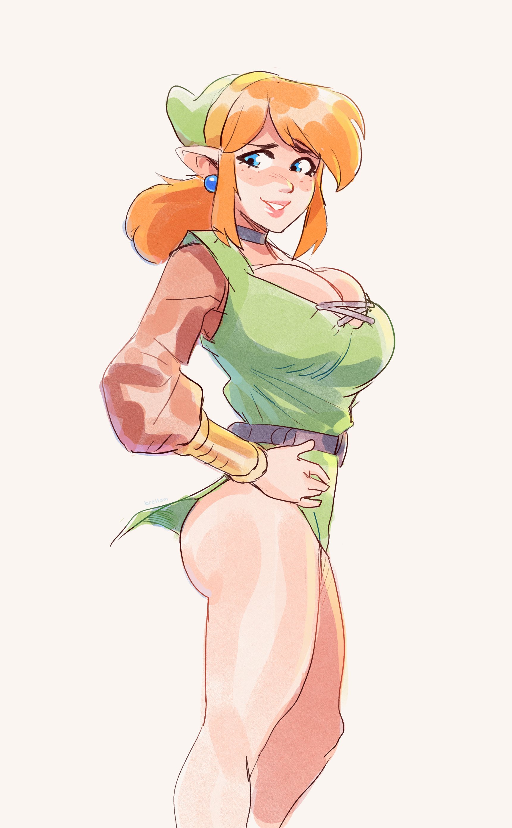 1girls, ass, blonde hair, blue eyes, breasts, brellom, busty, choker, earrings, female, female artist, freckles, highres, large breasts, link, nintendo, rule 63, solo, tagme, the legend of zelda, tunic
