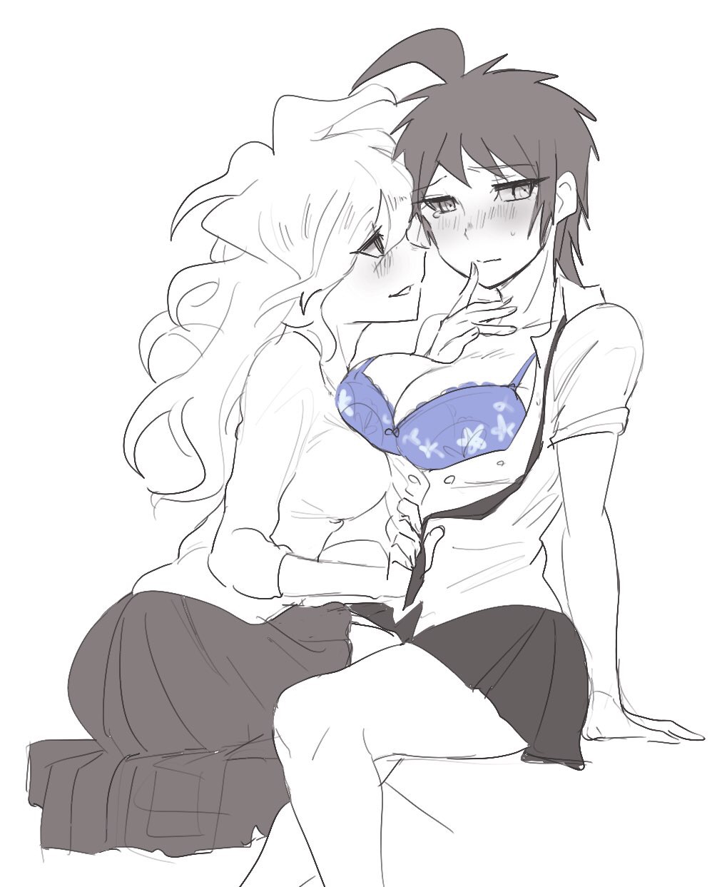 blue-bell blush bra breasts danganronpa danganronpa_2:_goodbye_despair embarrassed genderswap_(mtf) hinata_hajime large_breasts nagito_komaeda open_clothes rule_63 straight_hair yuri