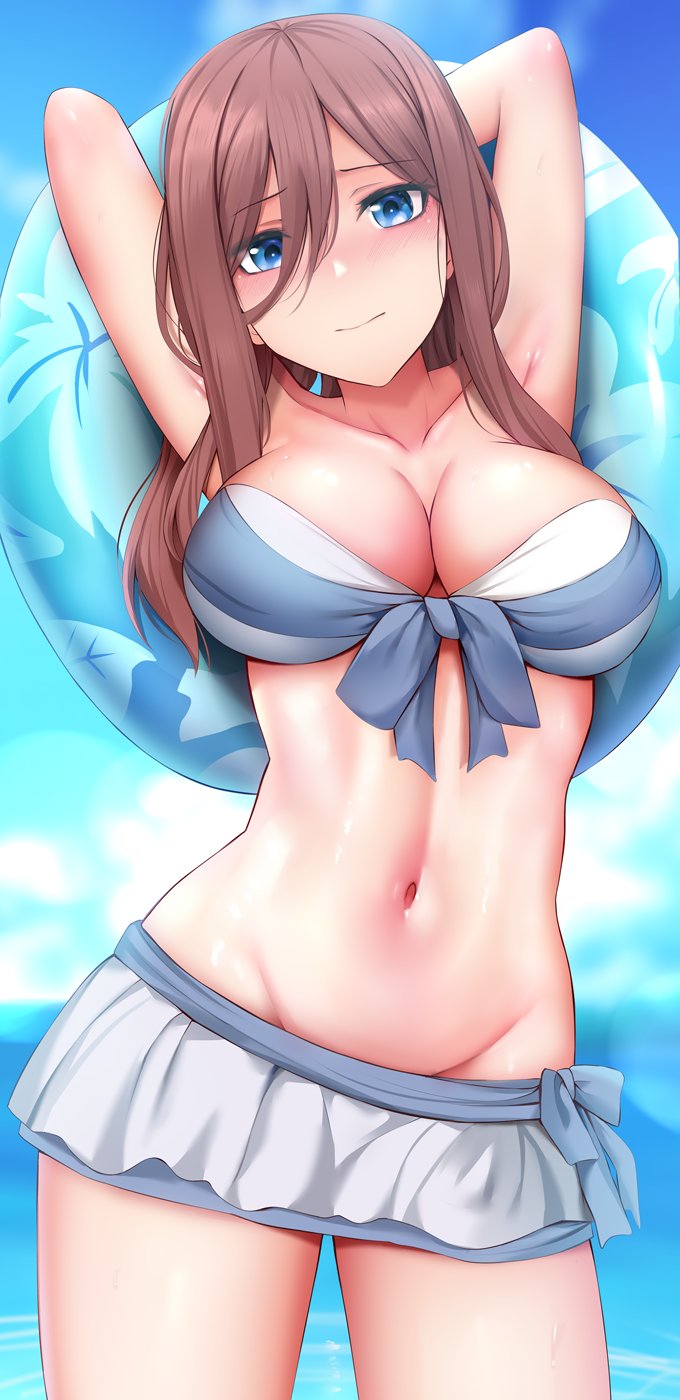 armpits, arms up, blue eyes, blush, breasts, brown hair, female, female only, ginhaha, go-toubun no hanayome, large breasts, looking at viewer, medium hair, nakano miku, solo focus, thick thighs, thighs, uncensored