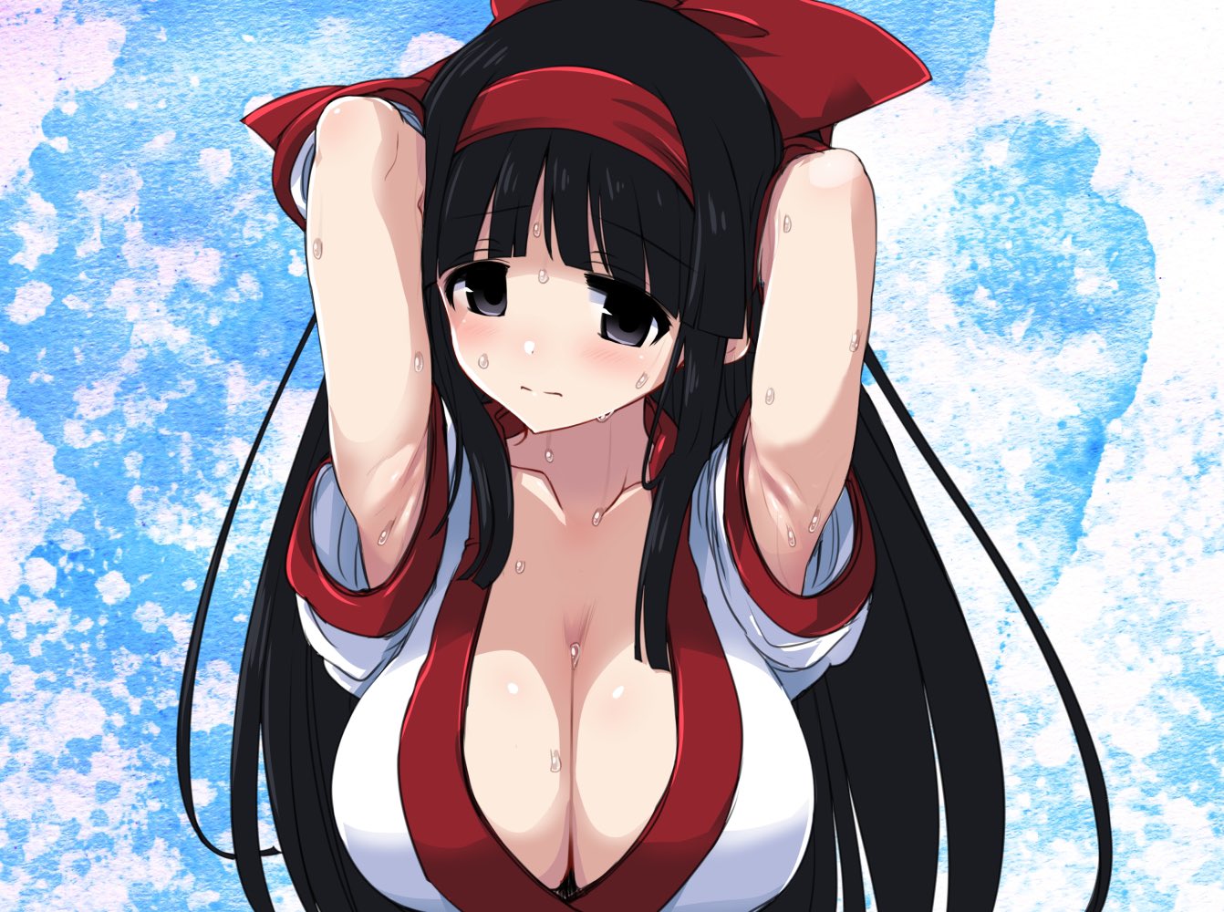 1girls ainu_clothes alternate_breast_size armpits arms_behind_head big_breasts black_hair blush breasts busty cleavage female female_only grey_eyes hair_ribbon hirowa_nagi large_breasts long_hair looking_at_viewer nakoruru pose ribbon samurai_shodown snk solo sweat