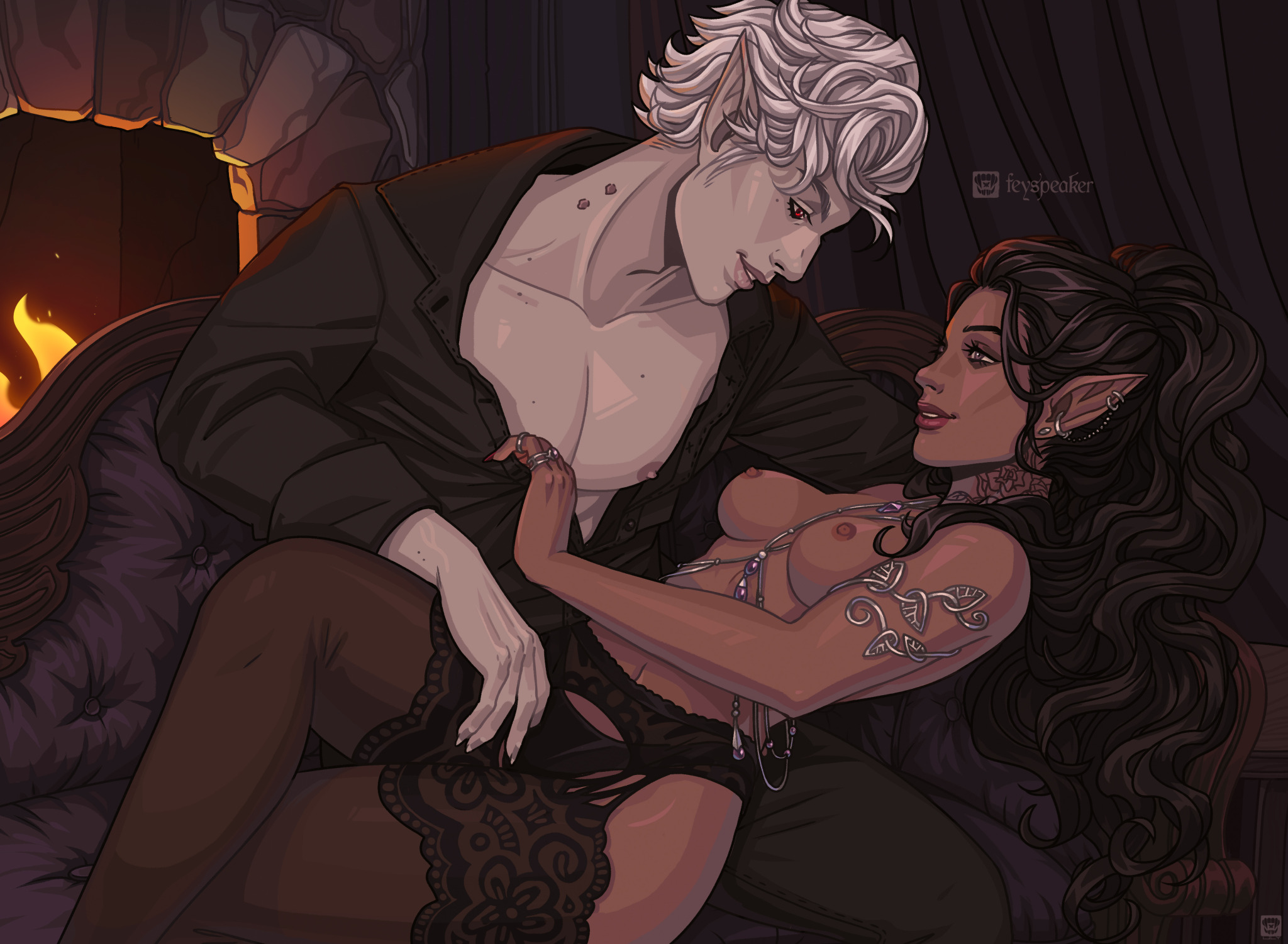 1boy, 1girls, areolae, artist name, astarion, baldur's gate, baldur's gate 3, breasts, brown hair, dungeons and dragons, duo, ear piercing, elf, elf ears, elf female, elf male, female, feyspeaker, fireplace, forgotten realms, light skin, light-skinned male, lingerie, lingerie only, long hair, male, nipples, pale skin, pale-skinned male, pointy ears, romantic, romantic ambiance, romantic couple, stockings, straight, tav (baldur's gate), tav (baldur's gate) (female), topless, uncensored, vampire, white hair