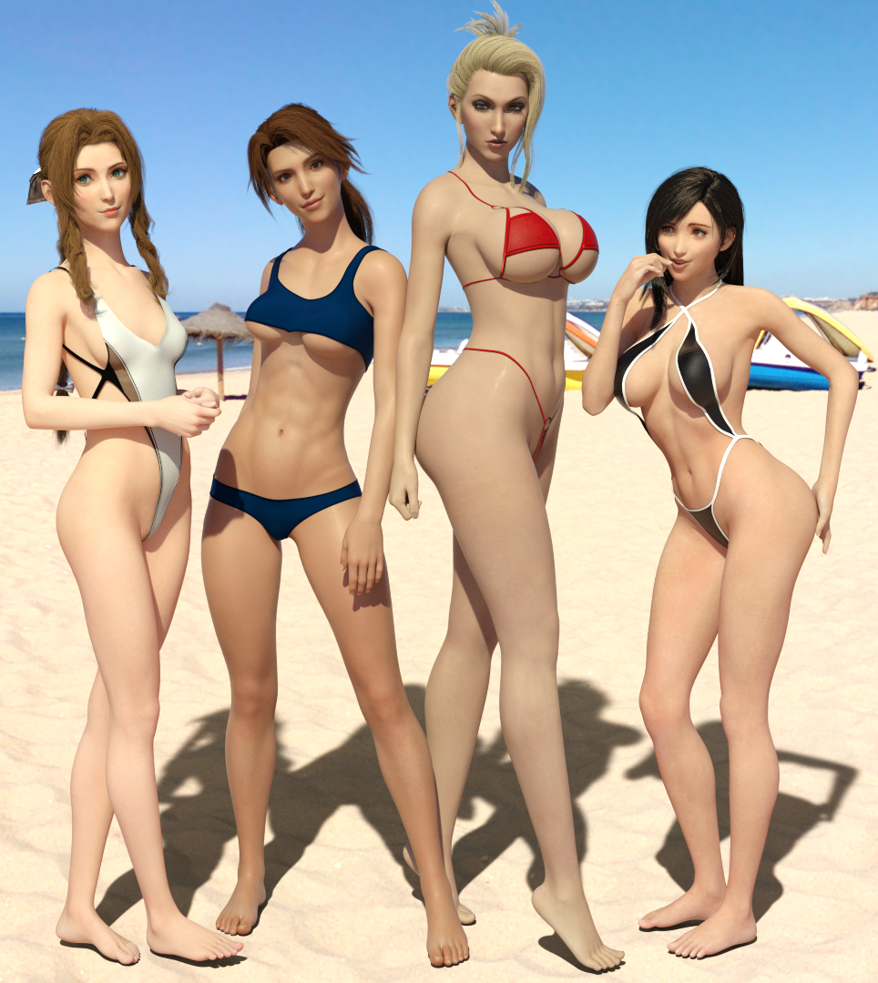 3d, 3d (artwork), 4girls, aerith gainsborough, ass, beach, big ass, big breasts, big butt, bikini, bikini top, blonde female, breasts, daz studio, daz3d, female, female only, final fantasy, final fantasy vii, final fantasy vii remake, human, jessie rasberry, pale skin, pin3d, public, scarlet (ffvii), summer, swimsuit, swimwear, tifa lockhart