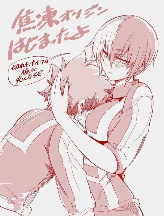 between_breasts blushing clothed_female clothed_male comforting female female_todoroki genderswap_(mtf) hand_on_head izuku_midoriya japanese_text male my_hero_academia red_and_white rule_63 shouto_todoroki t-shirt text_bubble translation_request wholesome