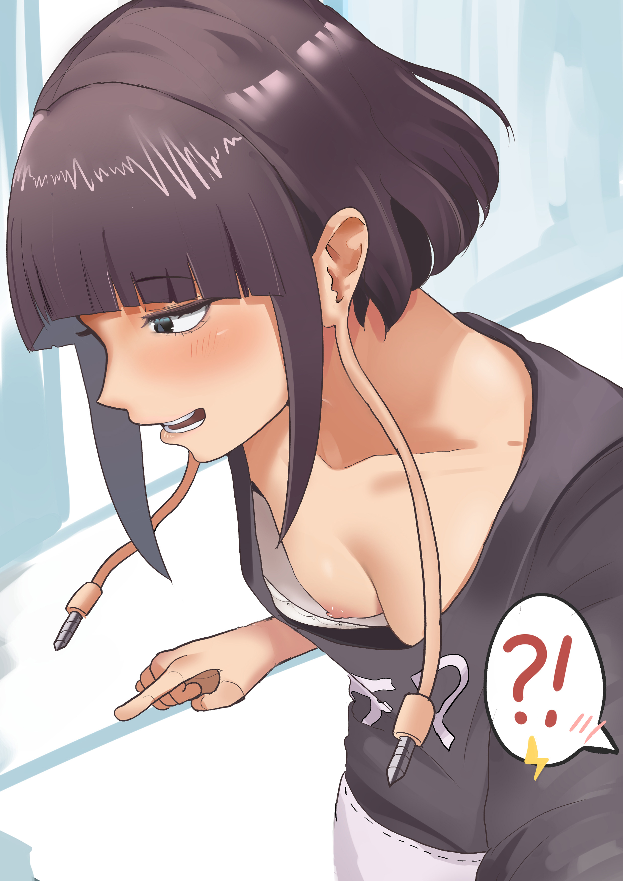 1girls, accidental exposure, breasts, downblouse, female, kyoka jiro, medium breasts, my hero academia, nip slip, nipples visible through bra, oblivious, pointing, purple hair, purple-haired female, zd (pixiv6210083)