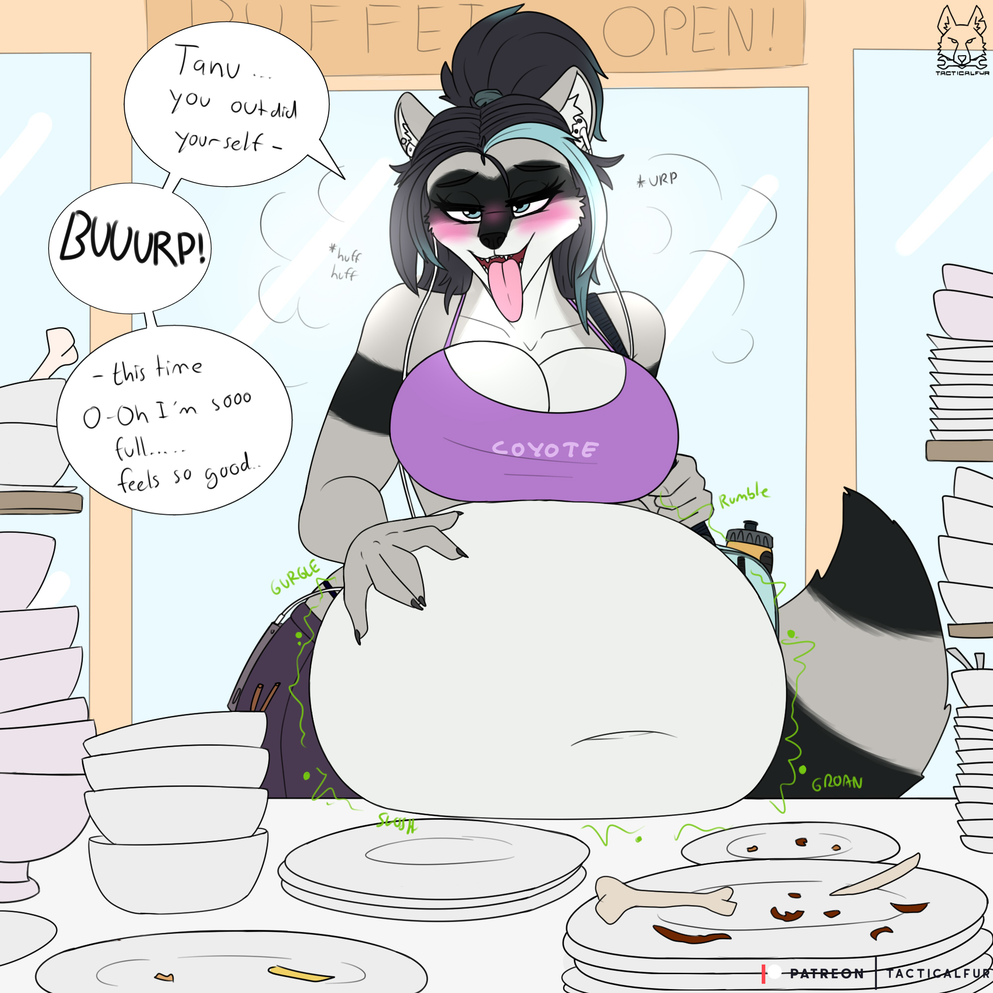 anthro, belly, belly bulge, belly button, belly expansion, belly inflation, big belly, big belly bulge, corruption, eating, female, food, furry, tacticalfur