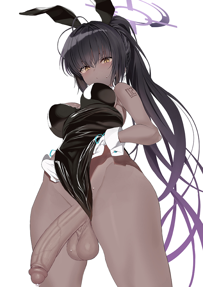 1futa animal_ears antenna_hair aqua_ribbon arm_tattoo armpit_crease bare_shoulders big_breasts big_penis black_hair blue_archive blush bottomless closed_mouth clothed clothing dark-skinned_futanari dark_skin erection fake_animal_ears from_behind frontal_wedgie futa_only futanari gloves gradient gradient_hair grey_background halo horny human karin_(blue_archive) karin_(bunny)_(blue_archive) leotard lifted_by_self long_hair looking_at_viewer low-angle_view millennium_science_school_student multicolored_hair osanpo02 partially_clothed penis playboy_bunny ponytail precum purple_hair rabbit_ears ribbon shoulder_tattoo simple_background slit_pupils solo standing sweat tattoo testicles third-party_edit uncensored veins veiny_penis very_long_hair wedgie white_gloves yellow_eyes