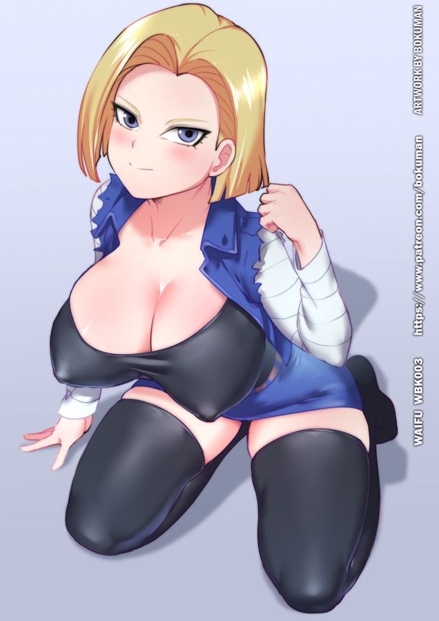 android 18, big breasts, bokuman, breasts, cleavage, dragon ball, dragon ball z, female, short hair, thick thighs, thighhighs