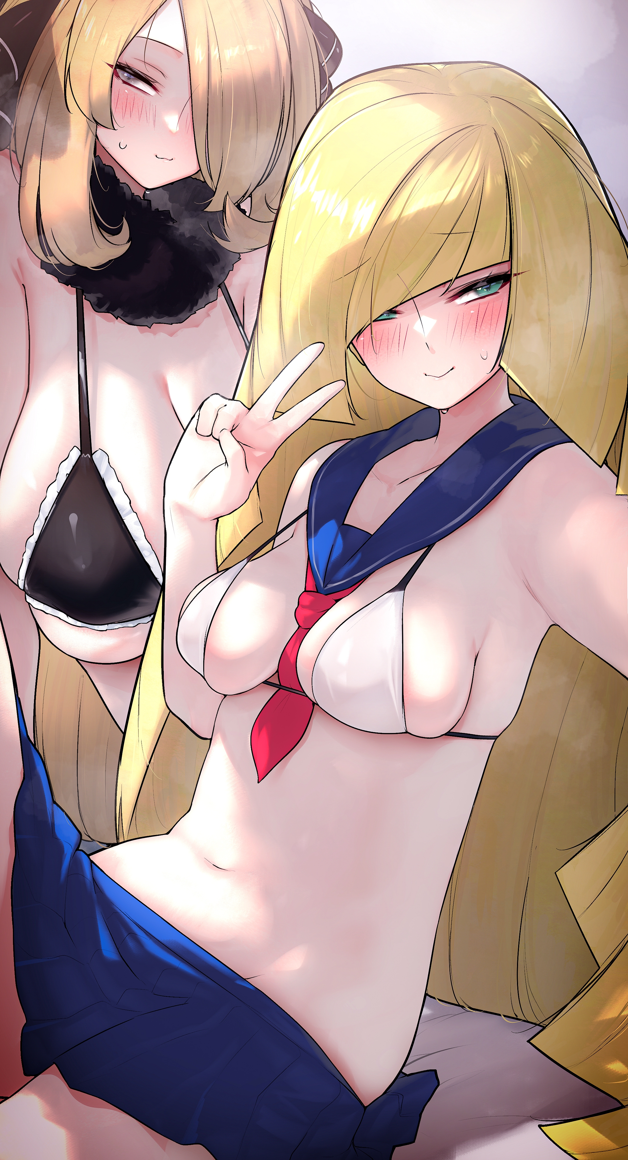 2022, 2girls, absurd res, alternate breast size, arm support, bangs, bare shoulders, belly, belly button, between breasts, big breasts, bikini, bikini top, black bikini top, blonde hair, blunt bangs, blush, breast size difference, breasts, busty, cleavage, closed mouth, cynthia (pokemon), elite four, eyebrows visible through hair, feet out of frame, female, female focus, female only, game freak, green eyes, grey eyes, hair ornament, hair over one eye, hi res, high resolution, highres, hizake, huge breasts, kashu (hizake), large breasts, light skin, light-skinned female, long hair, lusamine (pokemon), mature female, medium breasts, micro bikini, midriff, milf, miniskirt, mother, naughty face, navel, nintendo, off shoulder, overflowing breasts, peace sign, pokemon, pokemon (game), pokemon dppt, pokemon sm, sailor collar, sidelocks, simple background, skirt, slim waist, smile, string bikini, suggestive look, swimsuit, underboob, v, v sign, very high resolution, very long hair, visible breath, white bikini top, wide eyed