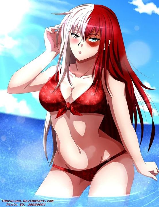 female_todoroki genderswap_(mtf) heterochromia my_hero_academia red_bikini red_hair rule_63 shouto_todoroki two_tone_hair water white_hair