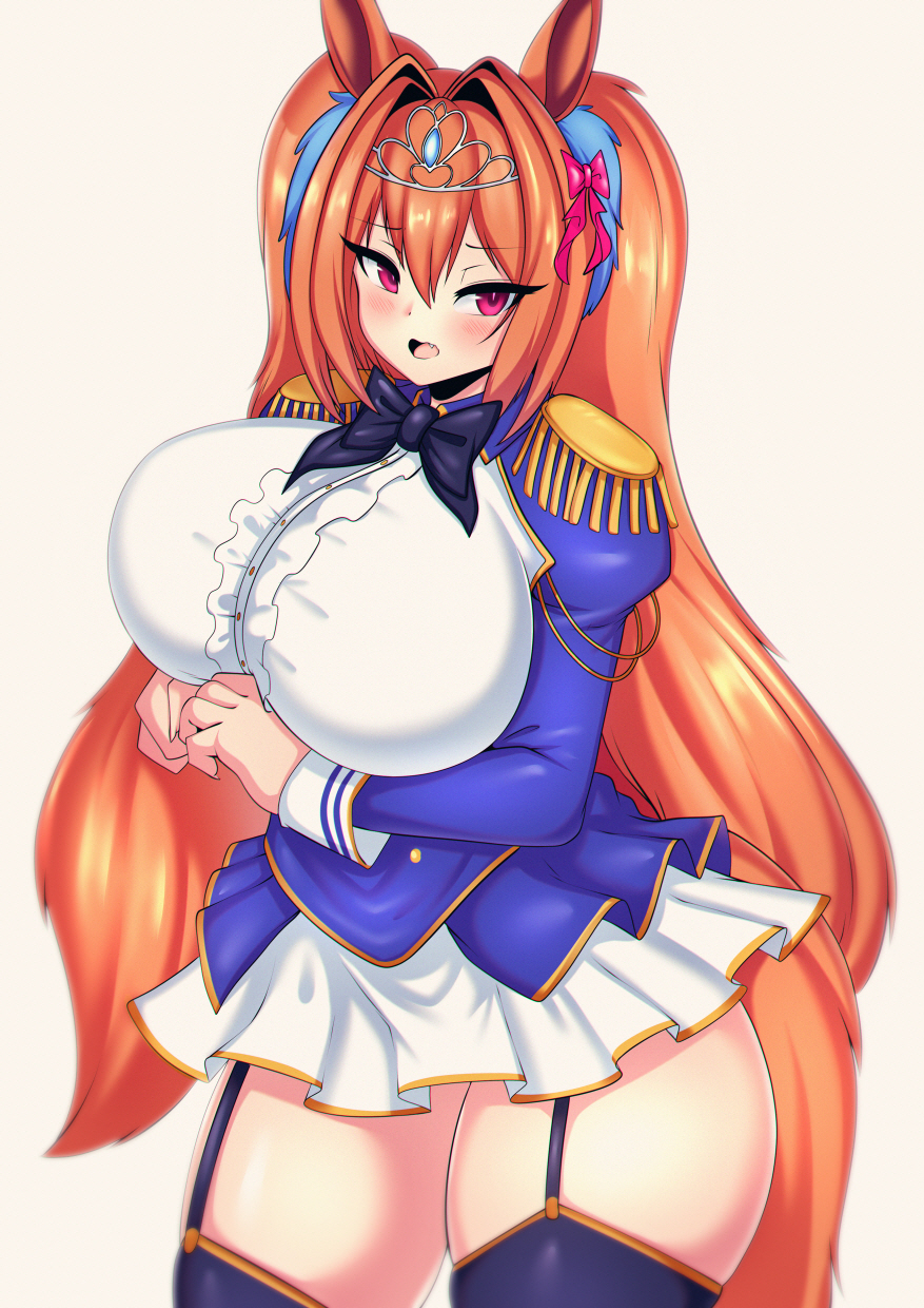 big breasts, breasts, clothed, crown, daiwa scarlet (umamusume), female, horse ears, horse girl, human, large breasts, red eyes, red hair, tagme, tail, tailzkim, thighs, twintails, umamusume