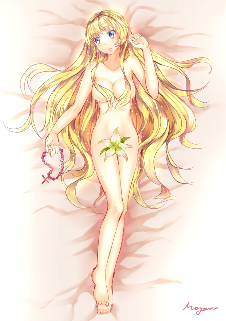 1girls blonde_hair blue_eyes breasts eyebrows_visible_through_hair flower hair_over_breasts mayaru medium_breasts necklace nude nude_female scp scp-166 scp-166-arc scp_foundation succubus teenager very_long_hair