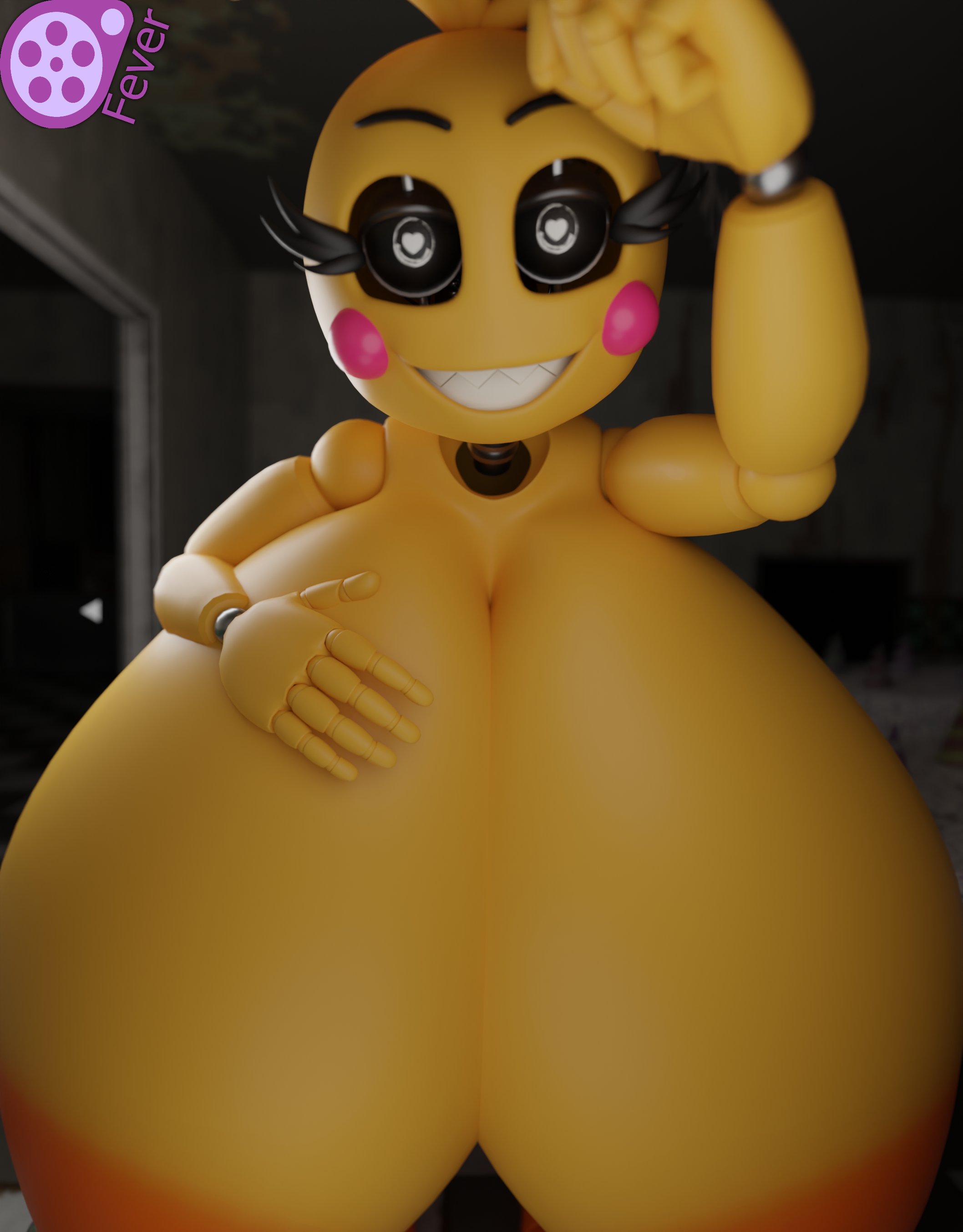 1girls, 3d, animatronic, avian, big breasts, breasts, breasts bigger than head, chicken, female, feversfm, five nights at freddy's, giant breasts, gynoid, huge breasts, hyper, hyper breasts, large breasts, looking at viewer, machine, nipples, orange nipples, pink cheeks, smile, smiling, smiling at viewer, solo, tagme, toy chica (fnaf), toy chica (love taste), yellow body