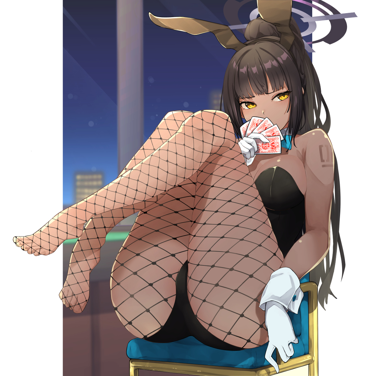 ass, bare shoulders, black hair, blue archive, breasts, dark skin, dark-skinned female, female, fishnet pantyhose, from behind, gloves, halo, huge ass, karin (blue archive), karin (bunny) (blue archive), large breasts, leotard, long hair, looking at viewer, open mouth, pantyhose, parted lips, playboy bunny, ponytail, rabbit ears, rabbit tail, shiny, shiny clothes, shiny hair, shiny skin, sideboob, solo, thong leotard, very long hair, yellow eyes