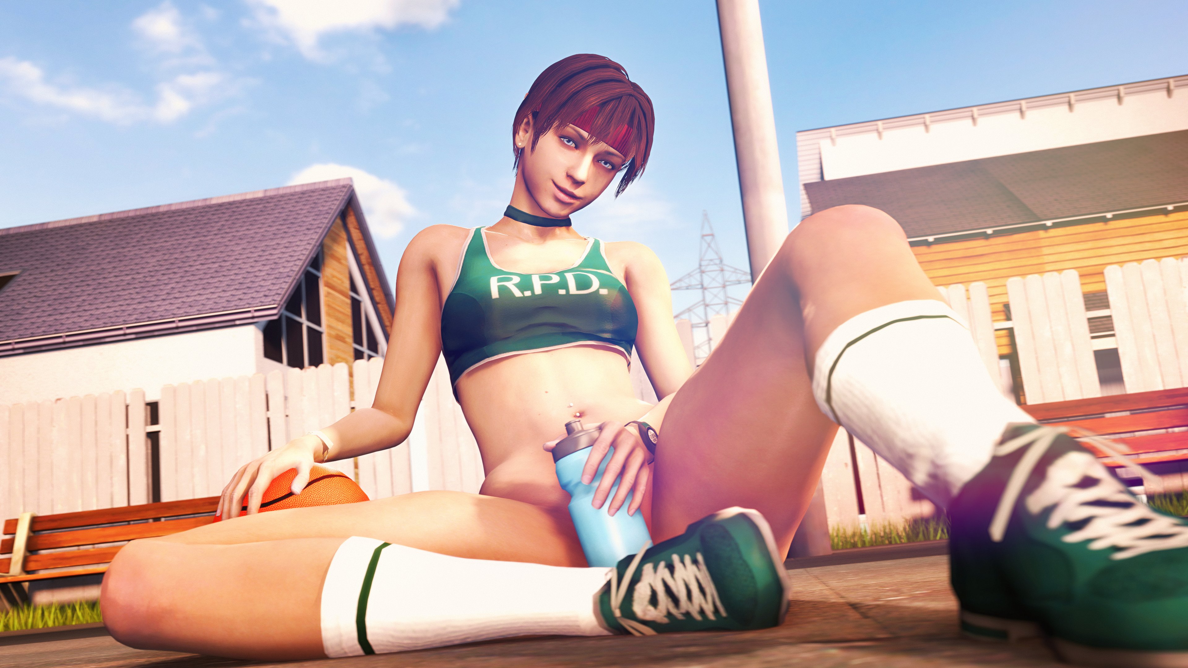 1girls, 3d, athletic, athletic female, bare legs, bottomless, capcom, convenient censoring, convenient censorship, covering crotch, female, female focus, female only, hbnoob, navel, navel piercing, outdoors, outside, piercing, rebecca chambers, resident evil, sitting, sneakers, source filmmaker, sports bra, sportswear, tagme
