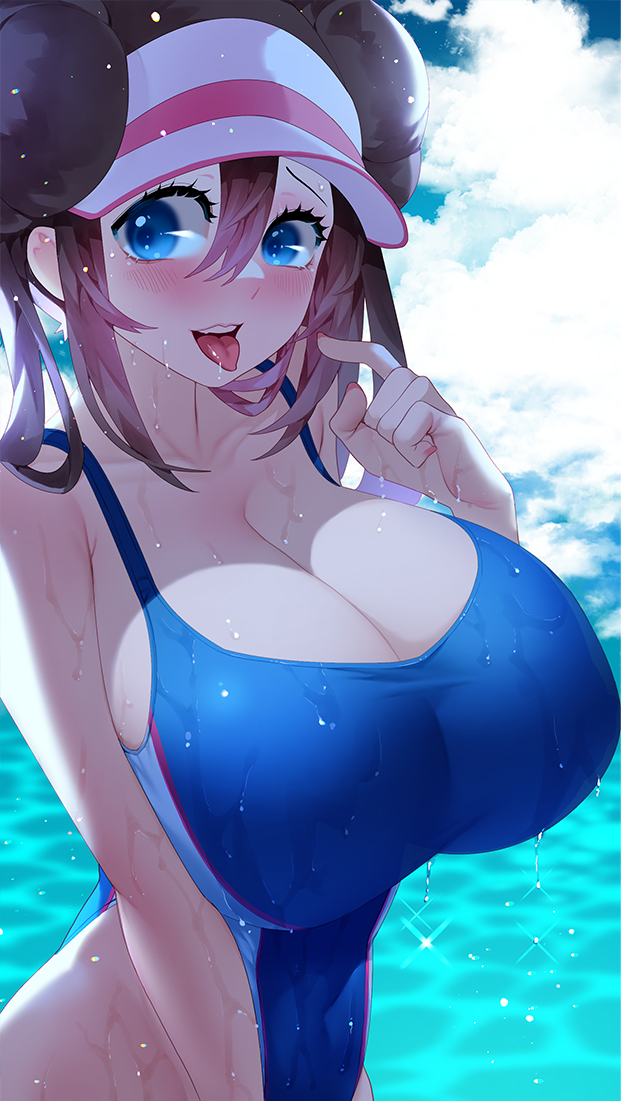 1girls, 2022, blue eyes, blush, breasts, brown hair, bust portrait, cleavage, competition swimsuit, female, female only, hat, huge breasts, long hair, looking at viewer, naughty face, nintendo, one-piece swimsuit, outdoors, pokemon, pokemon bw2, rosa (pokemon), smile, suggestive look, sumisumii, swimsuit, visor, visor cap, water, wet, wet body, white hat