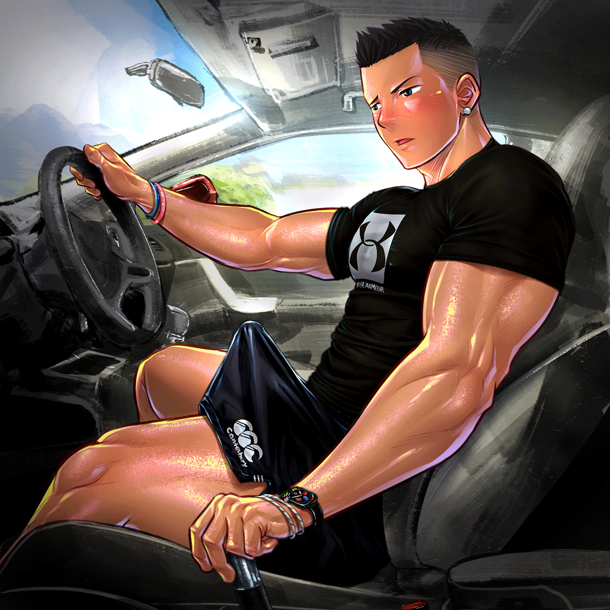 1boy, animated, artisticjinsky, bara, black hair, blue eyes, blush, car, driving, ear piercing, earrings, erect nipples, erect nipples under clothes, erection, erection under clothes, gay, gay male, inside car, light skin, light-skinned male, male, male only, muscles, muscular, muscular arms, muscular legs, muscular male, muscular thighs, nipples, pierced ears, piercings, short hair, solo, solo focus, solo male, tight clothing, tight fit, yaoi