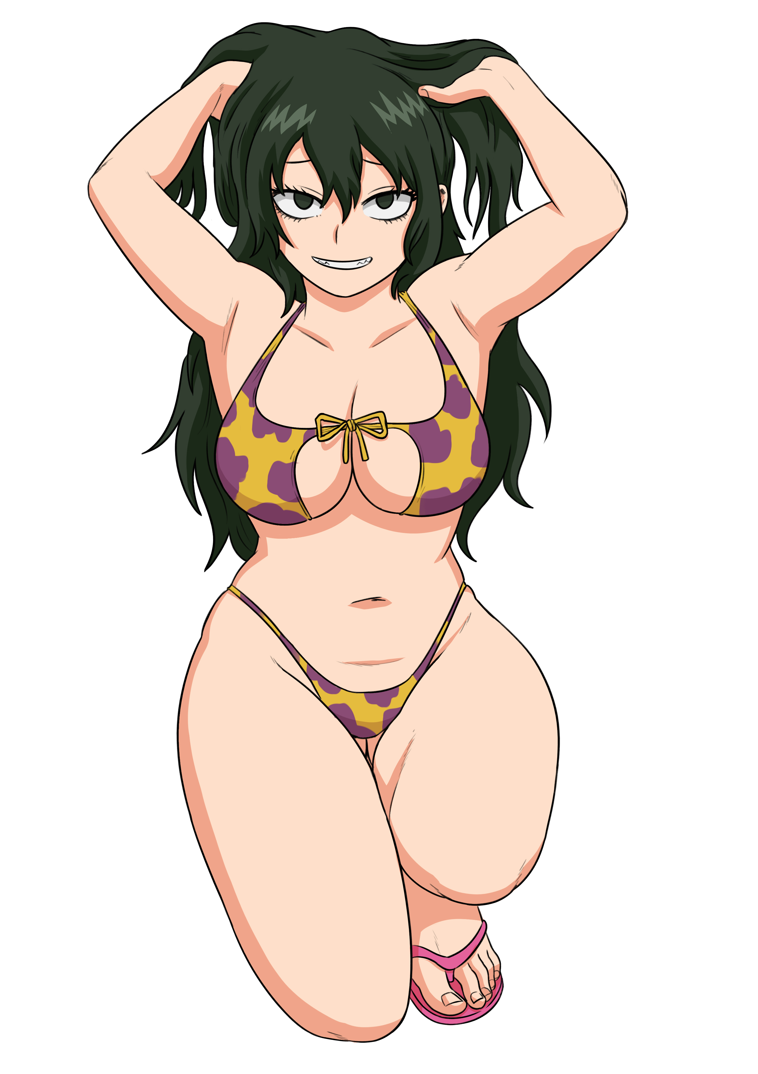 1girls, bikini, cleavage, female, female only, flip flops, green hair, green-haired female, hands in hair, my hero academia, sandals, solo, tokage setsuna, voluptuous