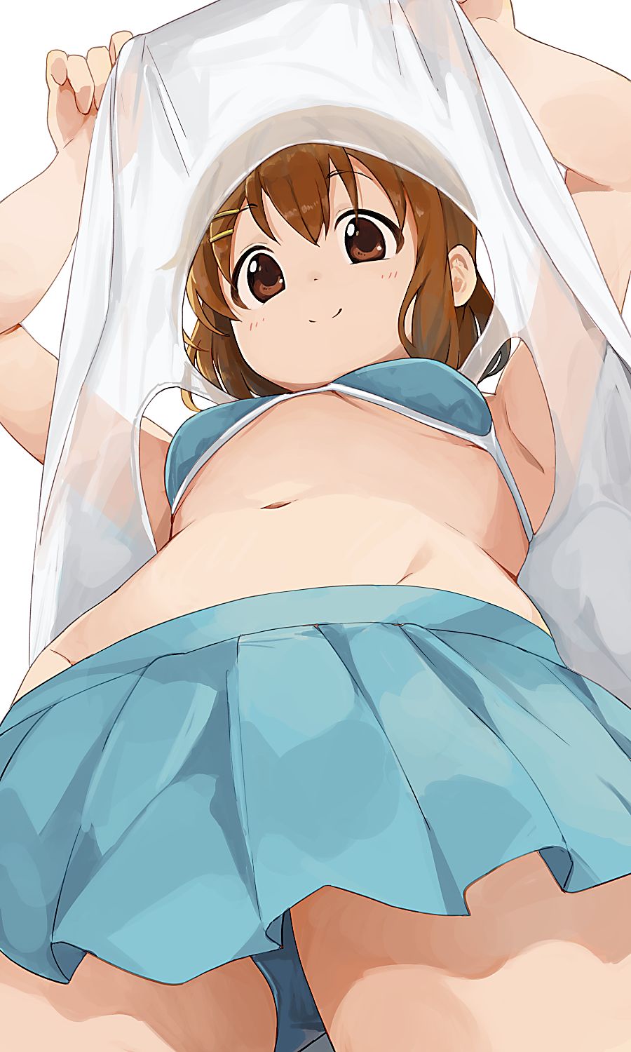 1girls, belly, bikini, bikini skirt, bikini top, brown eyes, brown hair, female, female only, hiroki yyqw7151, k-on!, looking through clothes, short hair, skirt, small breasts, smile, solo, swimsuit, upshirt, viewed from below, white background, yui hirasawa (k-on!)