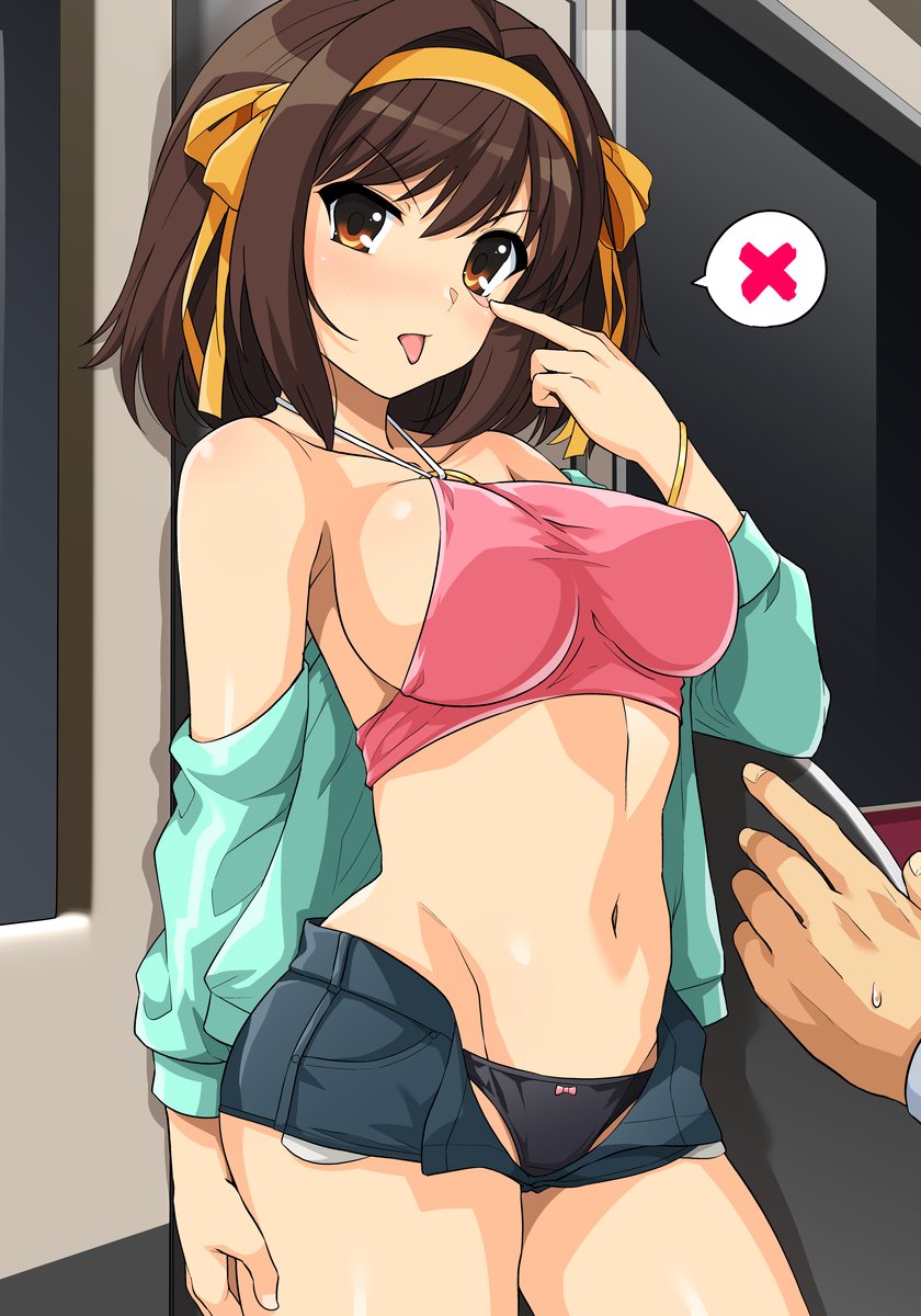 angry_eyes ass big_breasts breasts brown_eyes brown_hair frown haruhisky offscreen_male open_fly open_shorts panties panties_showing shorts sideboob slight_blush suzumiya_haruhi suzumiya_haruhi_no_yuuutsu tits tongue_out unzipped unzipped_pants unzipped_shorts