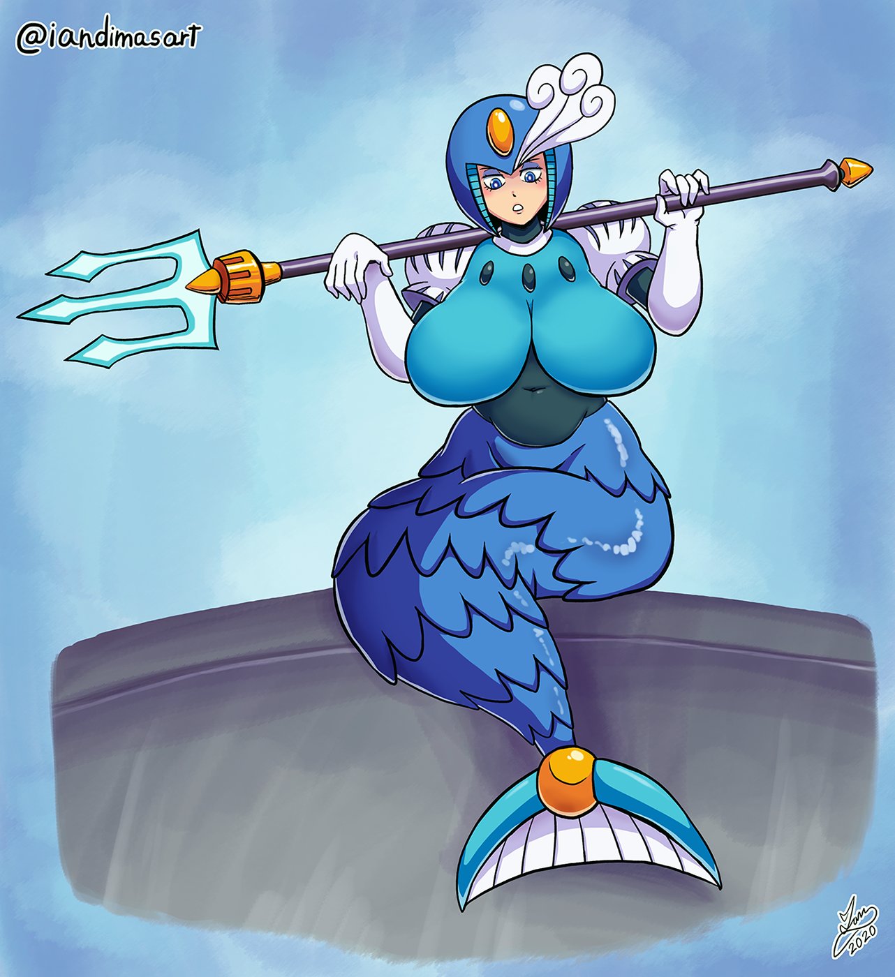 1girls big_breasts blue_background blue_eyeshadow breasts capcom female female_only huge_breasts large_breasts looking_down mega_man mega_man(classic) mermaid mermaid_tail monster_girl robot_girl solo splash_woman tagme