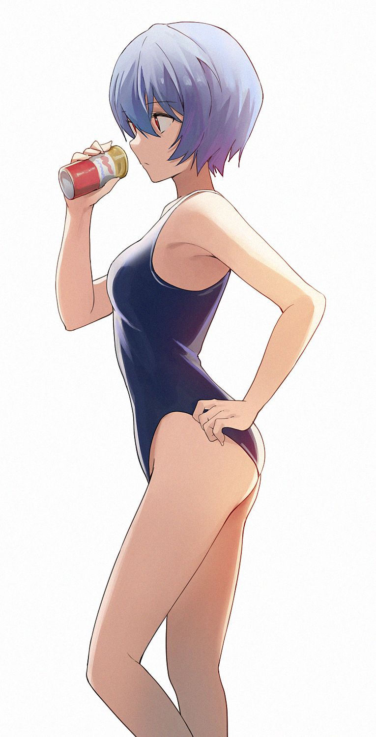 blue hair, can, female, hiroki yyqw7151, neon genesis evangelion, one-piece swimsuit, red eyes, rei ayanami, side view, swimsuit, white background