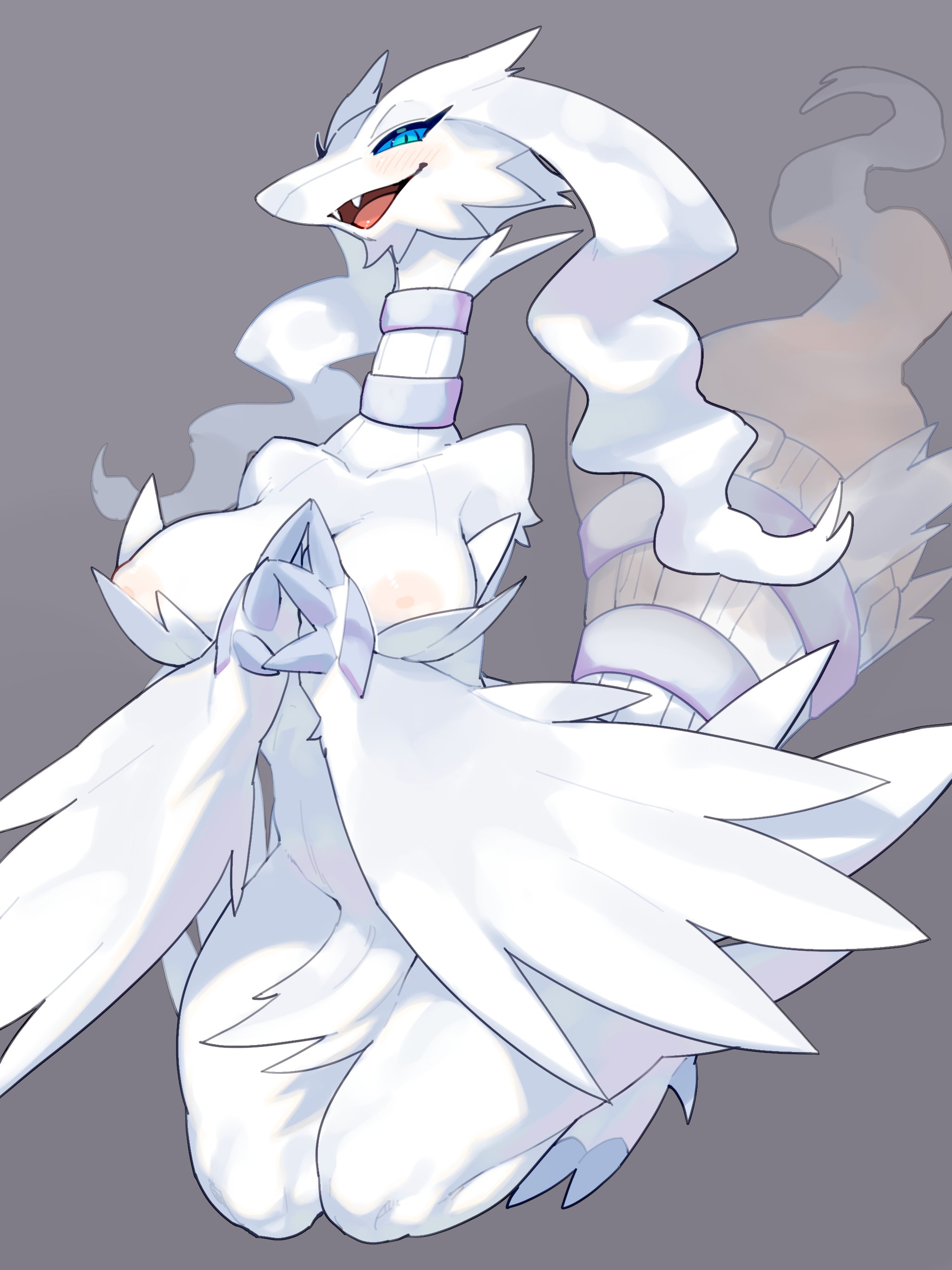 1girls, anthro, aqua eyes, areolae, big breasts, blush, breasts, fangs, female, female only, happy, hi res, kame 3, kneeling, legendary pokemon, looking at viewer, narrowed eyes, nintendo, nipples, open mouth, pokémon (species), pokemon, pokemon (species), reshiram, smile, smiling at viewer, solo, solo female