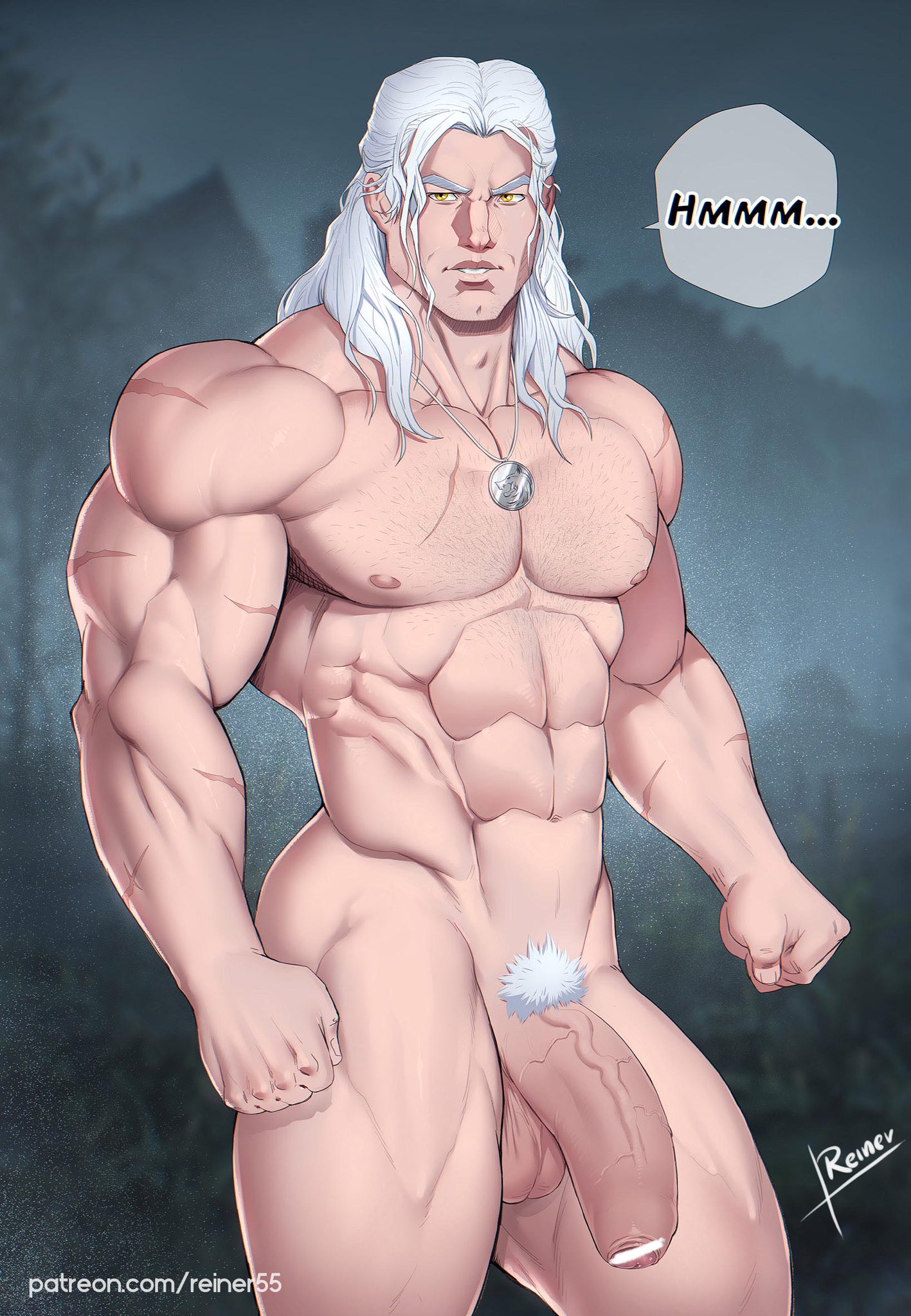 1boy, abs, biceps, big penis, censor bar, censored, dialogue, flaccid, flaccid penis, foreskin, geralt of rivia, glans, huge cock, long hair, male, male focus, male only, male solo, muscles, muscular, muscular male, necklace, partially retracted foreskin, pecs, penis, pubes, reiner55, retracted foreskin, solo, solo male, the witcher, the witcher (series), uncircumcised, uncut, veiny penis