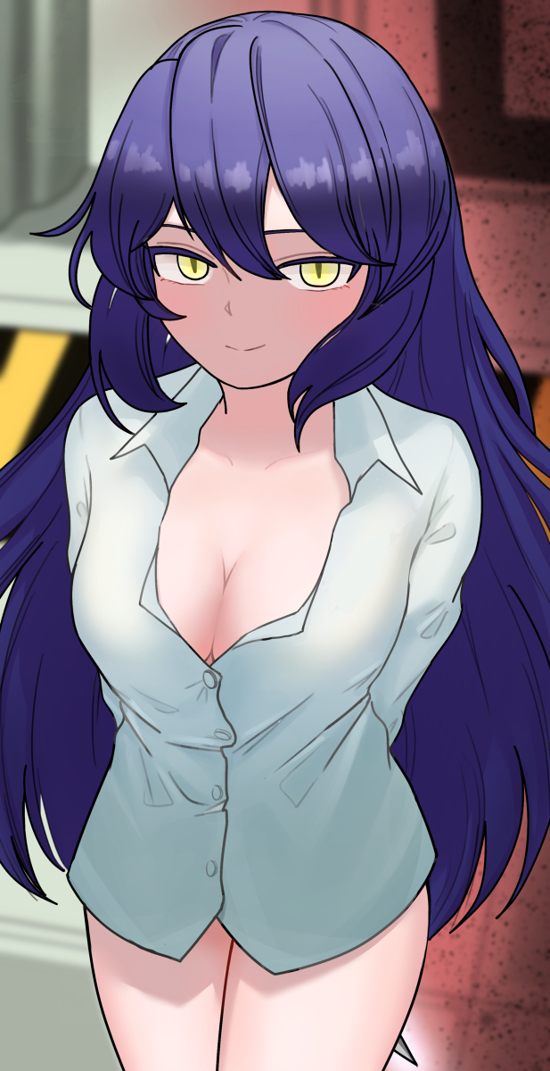 1girls blue_hair bottomless breasts cleavage library_of_ruina lobotomy_corporation long_hair looking_at_viewer project_moon shirt silent_girl smile yellow_eyes