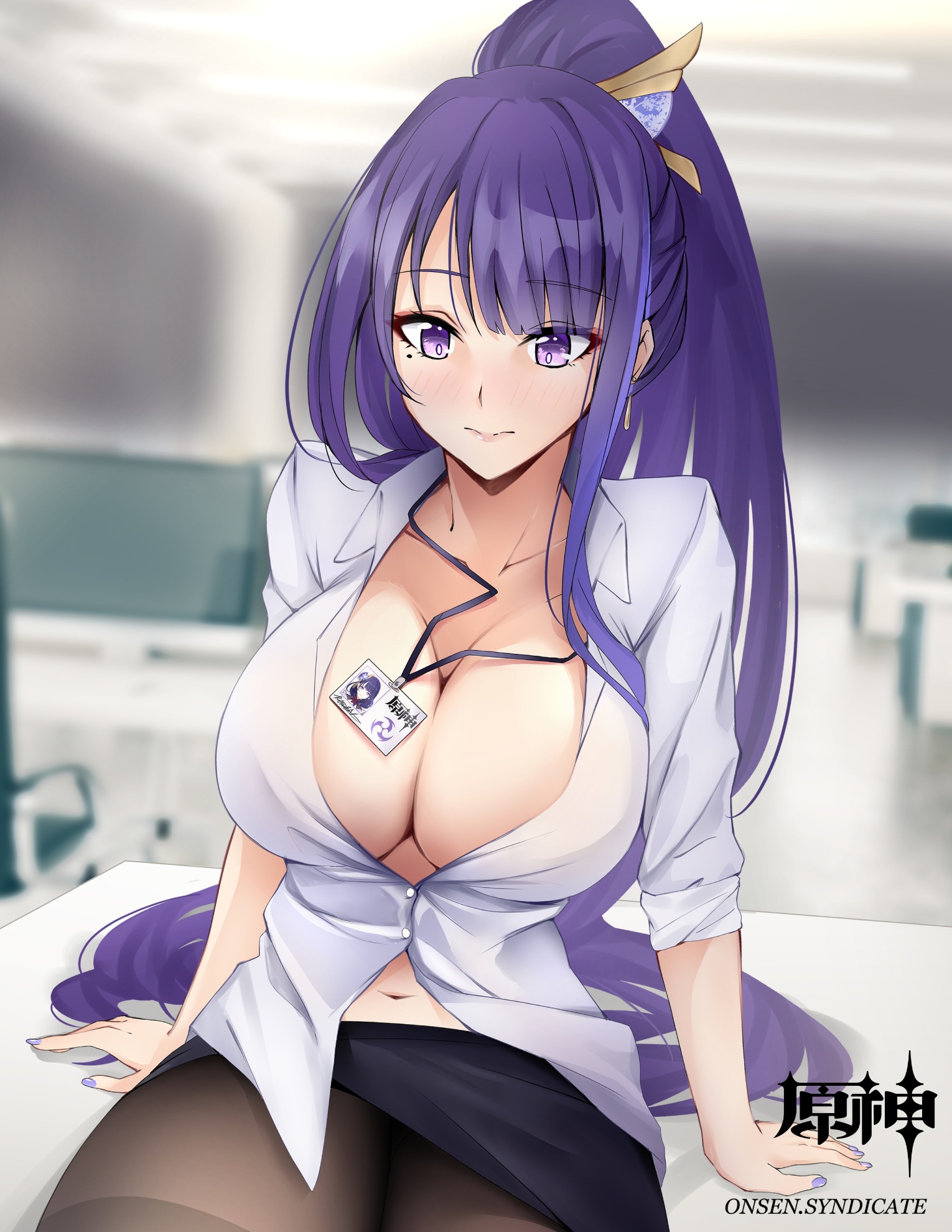 big breasts, blush, breasts, busty, cleavage, clothing, female, female only, genshin impact, id card, lanyard, large breasts, milf, navel, neckwear, office, office lady, onsen syndicate, pale skin, pantyhose, ponytail, purple eyes, purple hair, raiden shogun, skirt
