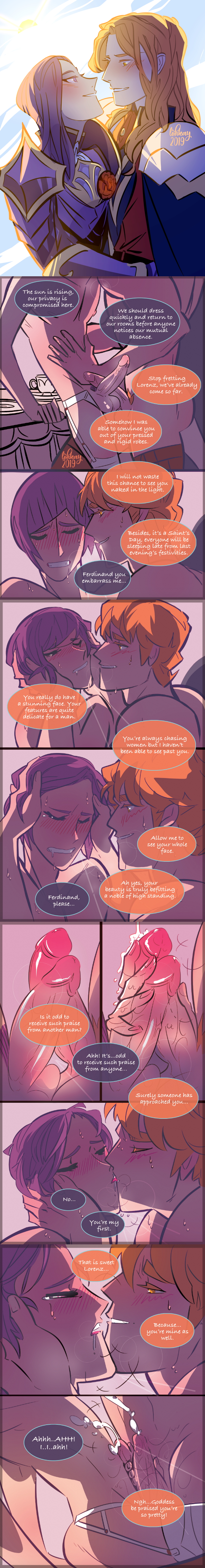 2boys, blush, cum, cumshot, dialogue, ejaculation, english text, ferdinand von aegir, fire emblem, fire emblem: three houses, frottage, gay, handjob, kissing, lohkay, lorenz hellman gloucester, male, male only, post-timeskip, text, yaoi