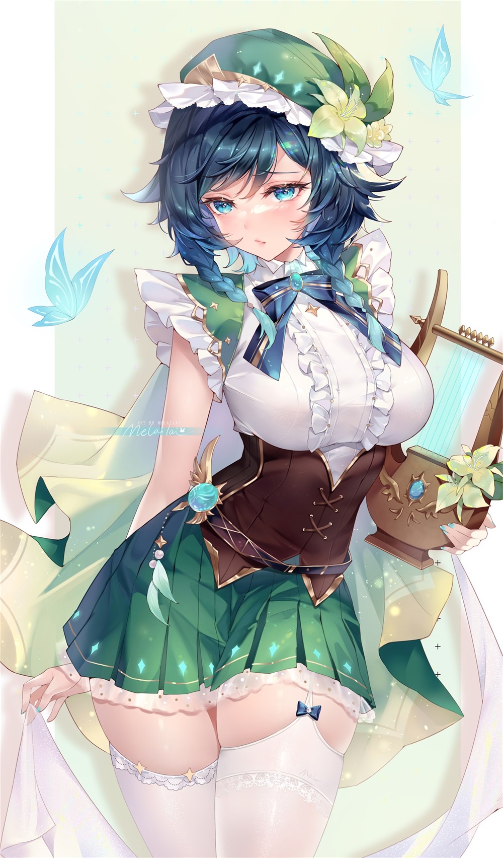 1girls, blue hair, bowtie, breasts, female, genderswap, genderswap (mtf), genshin impact, green eyes, hat, holding, huge breasts, legwear, looking at viewer, melailai, miniskirt, multicolored hair, rule 63, see-through, shirt, skirt, solo, standing, thick thighs, thighhighs, thighs, venti (genshin impact), white legwear, white thighhighs