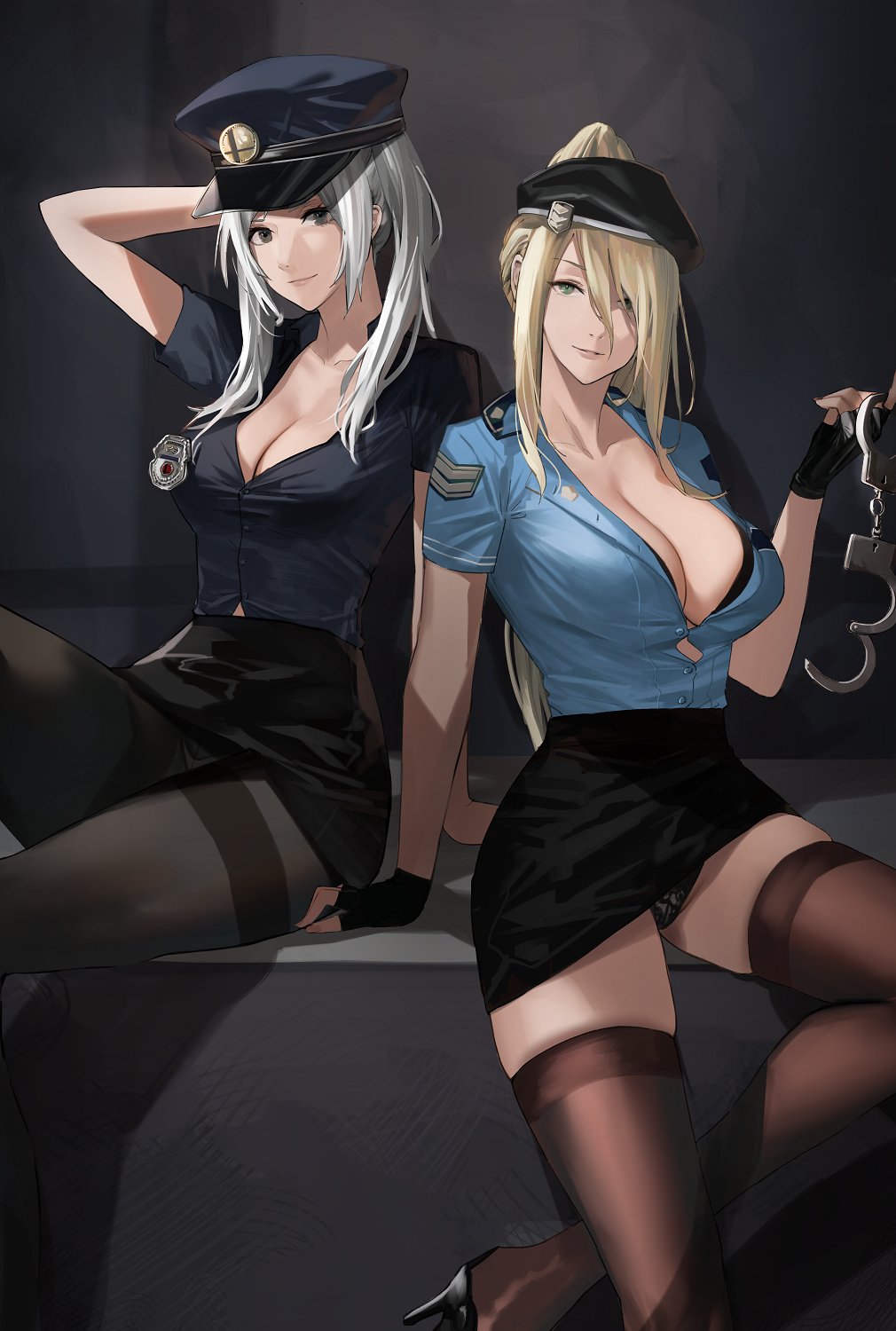 2girls arm_support black_bra black_footwear black_legwear black_panties blue_eyes bra breasts button_gap cleavage collared_shirt cuffs dress_shirt female female_only fingerless_gloves fire_emblem fire_emblem_awakening gloves grey_eyes grey_hair handcuffs hat high_heels highres j@ck large_breasts leaning_back metroid miniskirt multiple_girls nintendo panties pantyhose partially_unbuttoned police police_badge police_hat police_uniform policewoman robin_(fire_emblem) robin_(fire_emblem)_(female) samus_aran shirt shirt_tucked_in short_sleeves sidelocks sitting skindentation skirt source_larger super_smash_bros. thighhighs thighs tomboy underwear uniform