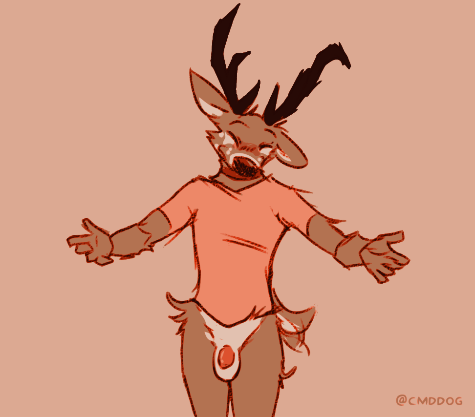 2022 anthro antlers balls biped blush brown_body brown_fur cervid closed_eyes digital_media_(artwork) flaccid fur furry furry_only genitals horn lawyerdog male male_only mammal panko_(lawyerdog) penis simple_background smile smiling_at_viewer solo tail tail_motion tailwag white_body white_fur