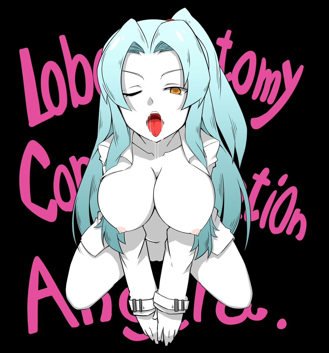 1girls, angela (lobotomy corporation), blue hair, breasts, female, functionally nude, huge breasts, labcoat, lobotomy corporation, long hair, looking at viewer, on knees, open mouth, presenting, project moon, pussy, saliva, side ponytail, tagme, tongue, wink, yellow eyes