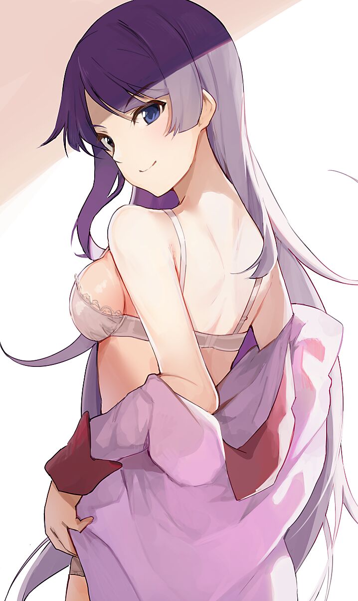 bakemonogatari bra hiroki_yyqw7151 looking_at_viewer looking_over_shoulder monogatari_(series) purple_hair senjougahara_hitagi undressing