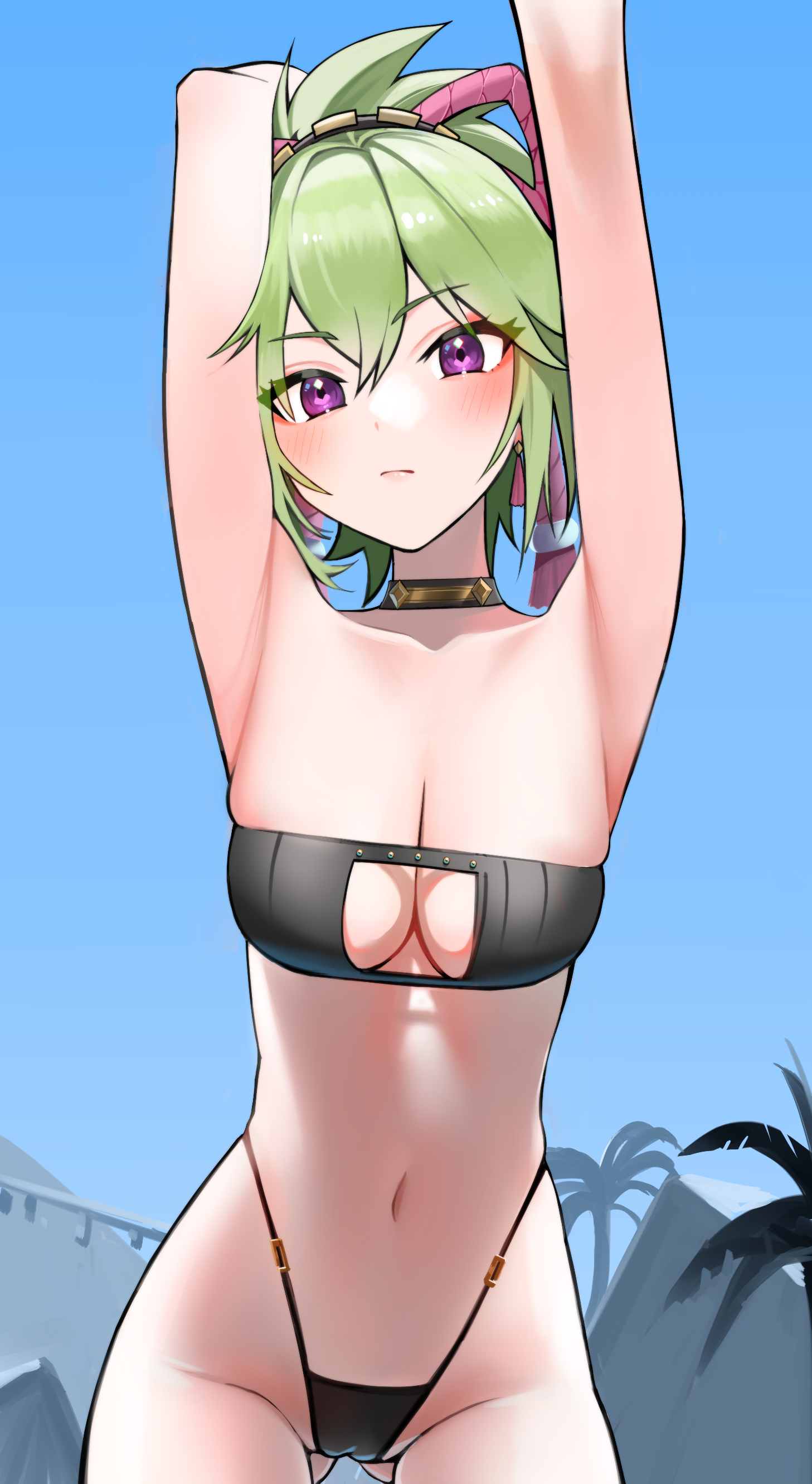 1girls, armpits, arms up, ass visible through thighs, bandeau, beach, bikini, bikini bottom, bikini top, black bikini, blush, breasts, cameltoe, choker, cleavage, female, female only, genshin impact, hi res, kuki shinobu, looking at viewer, mihoyo, ninja, ponytail, pussy, revealing clothes, swimwear