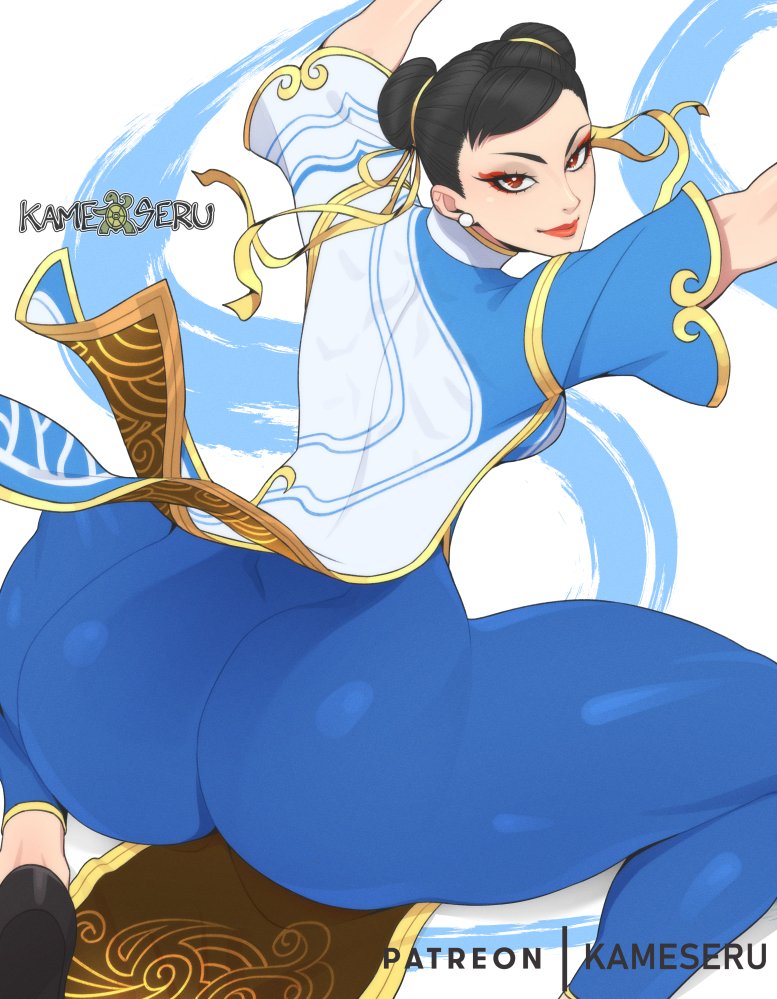 1girls, asian, asian female, ass, big ass, bubble ass, bubble butt, cameltoe, capcom, chun-li, chun-li (street fighter 6), female, female only, fully clothed, kameseru, light skin, light-skinned female, lipstick, pussy, pussy bulge, rear view, solo, street fighter, street fighter 6, tight clothing