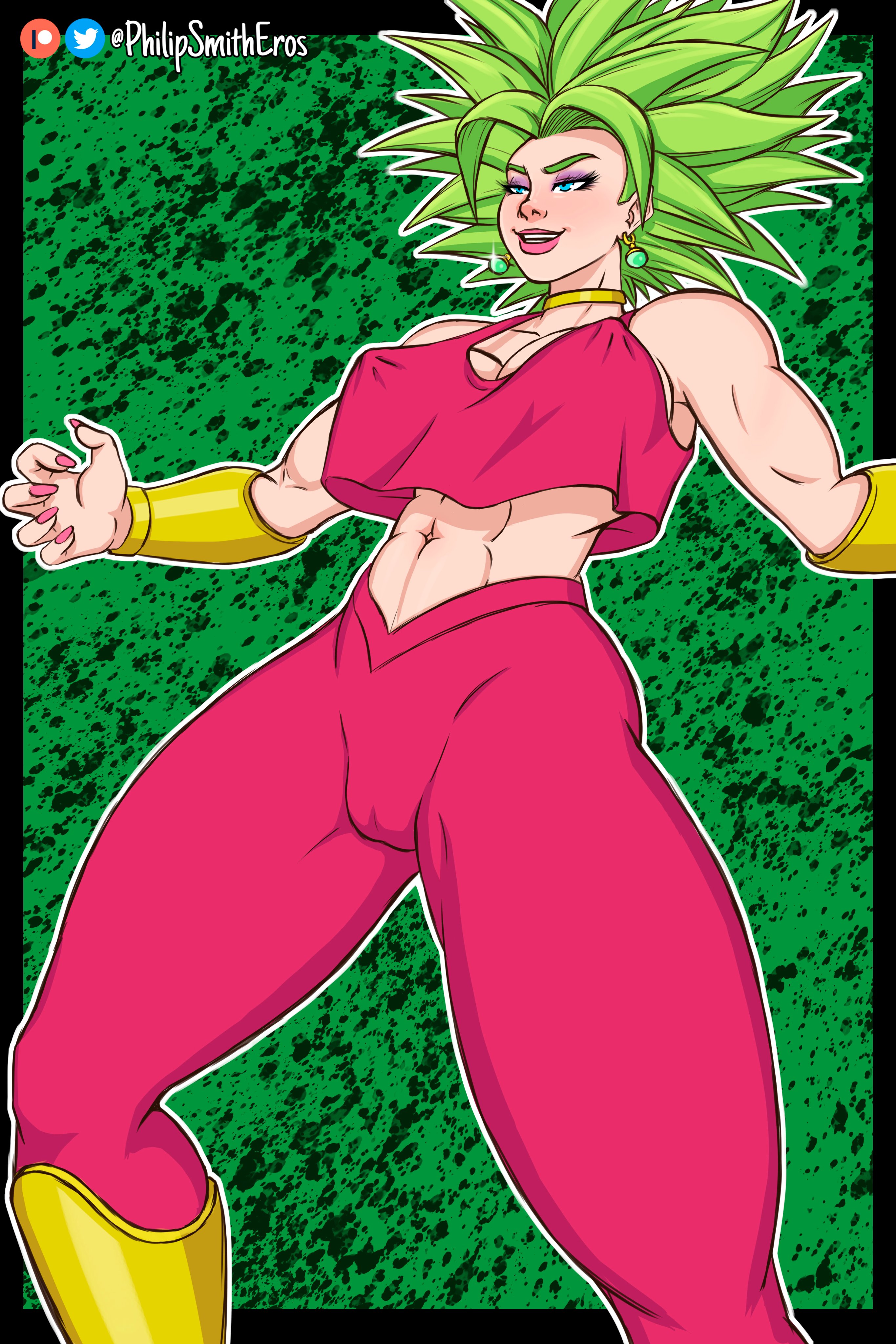 abs, big breasts, blue eyes, breasts, cameltoe, clothing, dragon ball, dragon ball super, earrings, female, fusion, green hair, kefla, legendary super saiyan, lipstick, muscles, muscular, muscular female, nails, philipsmitheros, pussy, saiyan, shounen jump, super saiyan, super saiyan 2