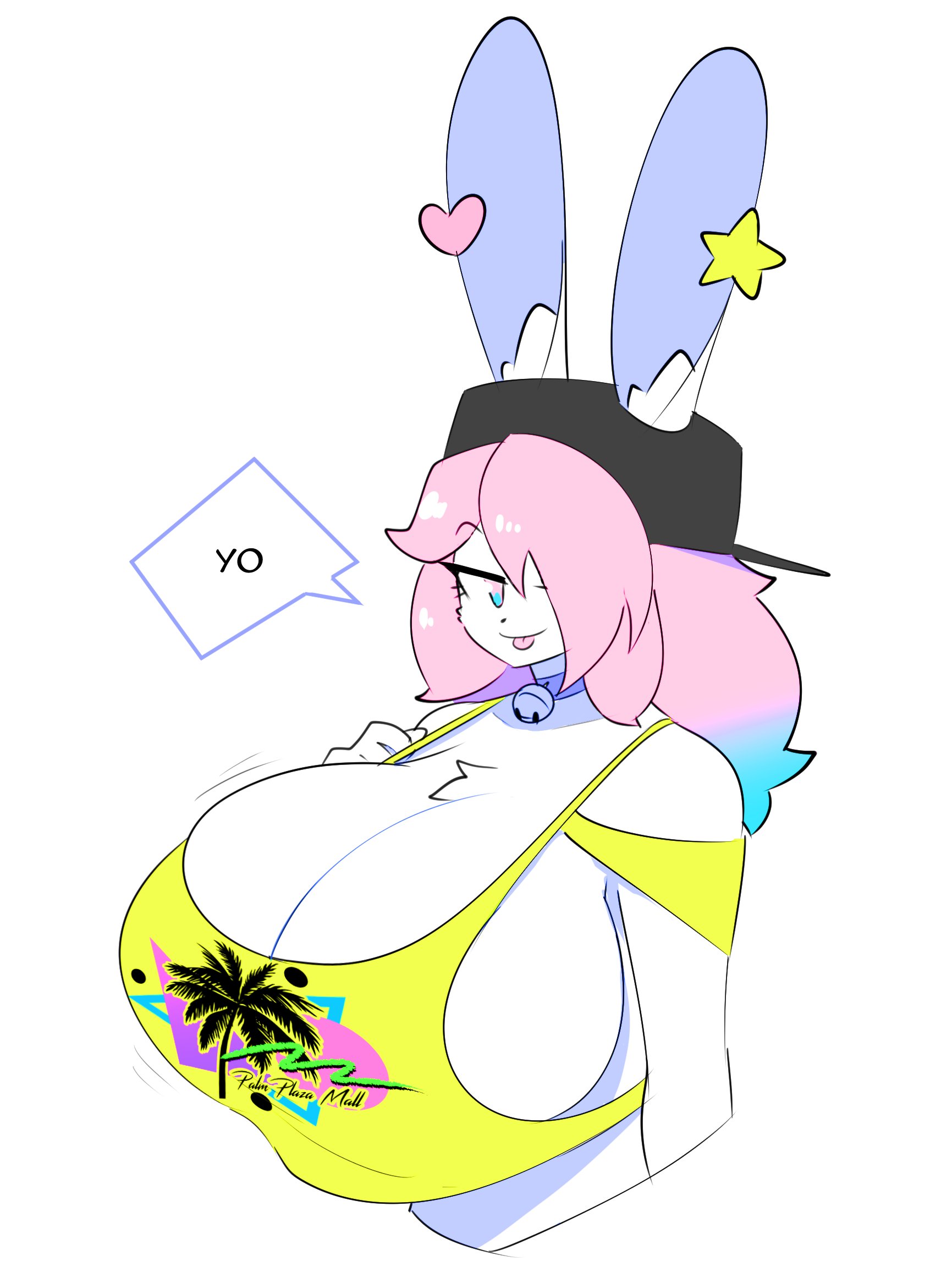 1girls, anthro, backwards baseball cap, baseball cap, big breasts, breasts, female, female only, peanut butter (theycallhimcake), pink hair, rabbit ears, tank top, theycallhimcake, white fur, yellow shirt