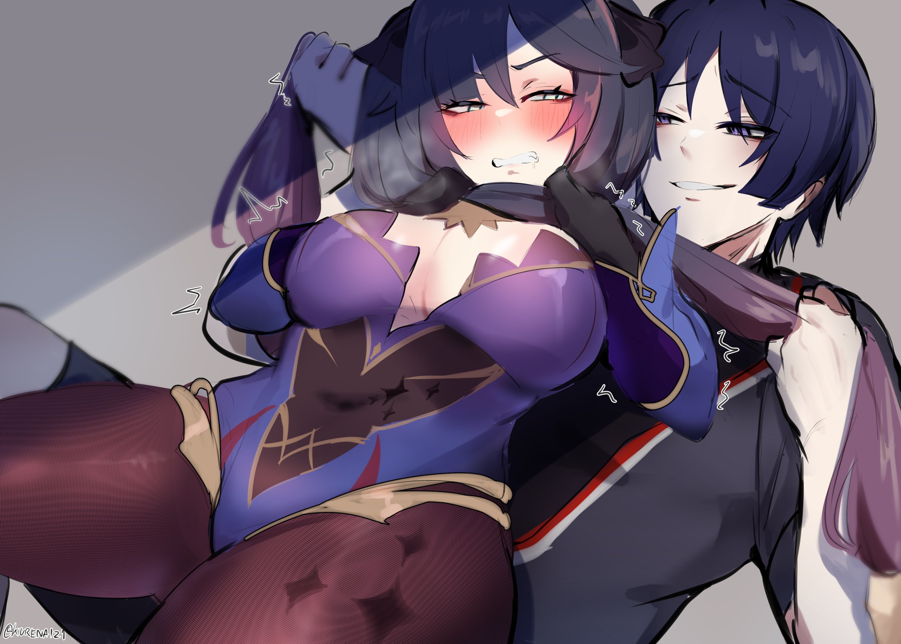 1boy, big breasts, bodysuit, breasts, choking, domination, female, genshin impact, kurenaiz1, long hair, male, mona (genshin impact), purple eyes, purple hair, scaramouche (genshin impact), smile, smirk, thick thighs, tights