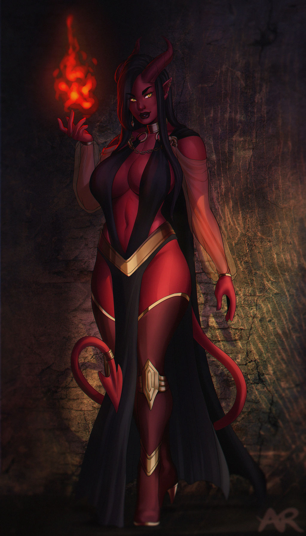 1girls, akira raikou, black hair, breasts, commission, dress, dungeons and dragons, female, fire, horns, large breasts, long hair, magic, navel, red skin, revealing clothes, solo, standing, tail, thighhighs, tiefling, yellow eyes