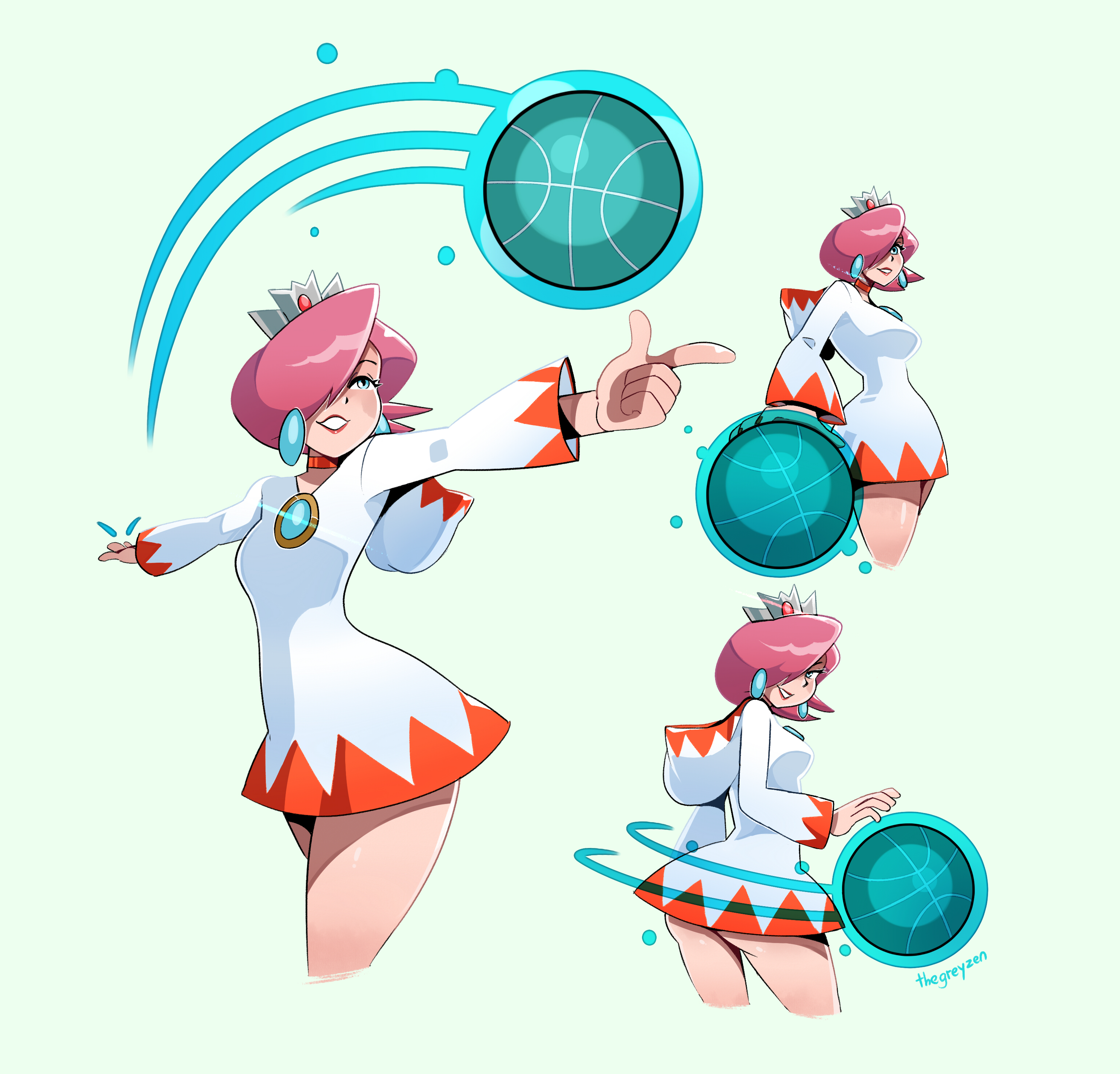 1girls, basketball (ball), blue eyes, brooch, collar, earrings, female, female only, final fantasy, hair over one eye, hood down, light skin, light-skinned female, lips, lipstick, long sleeves, mario (series), mario hoops 3 on 3, multiple views, nintendo, pink hair, short dress, short hair, solo, solo female, square enix, thegreyzen, thick, thick hips, thick thighs, tiara, white mage, white mage (mario), wide hips